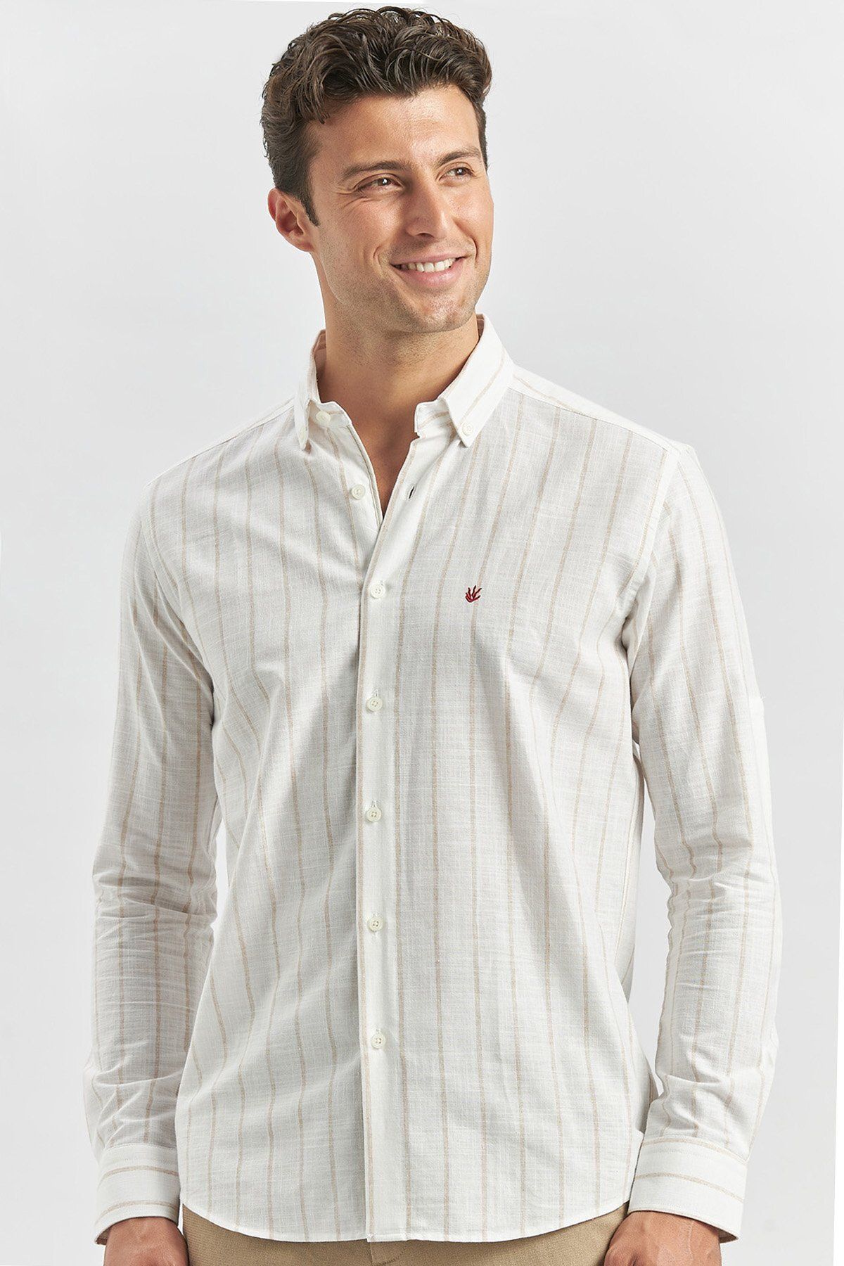 İmza-Beige Slim Fit Shirt - Shortable Sleeve, Striped Pattern, Perfectto Buttoned Collar1004240145 2