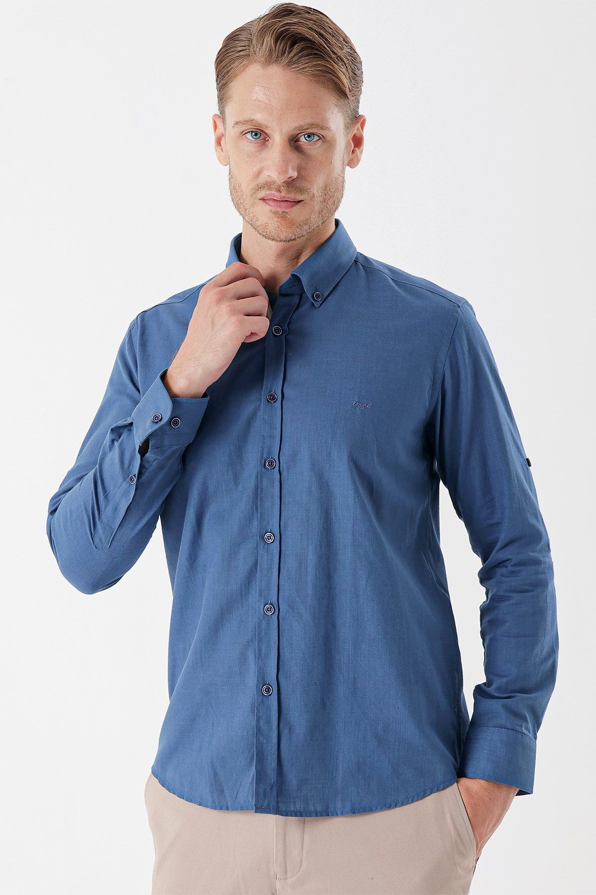 İmza-Indigo Blue Slim Fit Shirt - Shortable Sleeve, 100% Cotton, Ribbed 1004230227 4