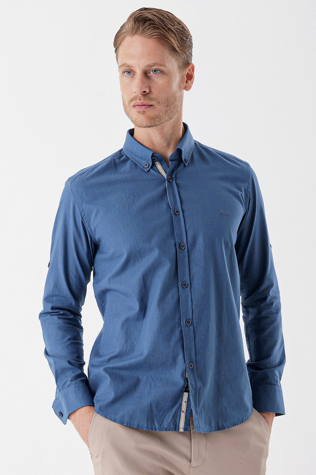 İmza-Indigo Blue Slim Fit Shirt - Shortable Sleeve, 100% Cotton, Ribbed 1004230227 1