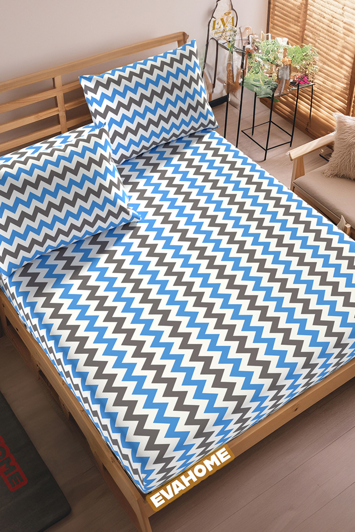 Lorien-Ranforce Fabric Blue Zigzag Pattern - Elastic Sheet Set, Single/Double/Large Size 5