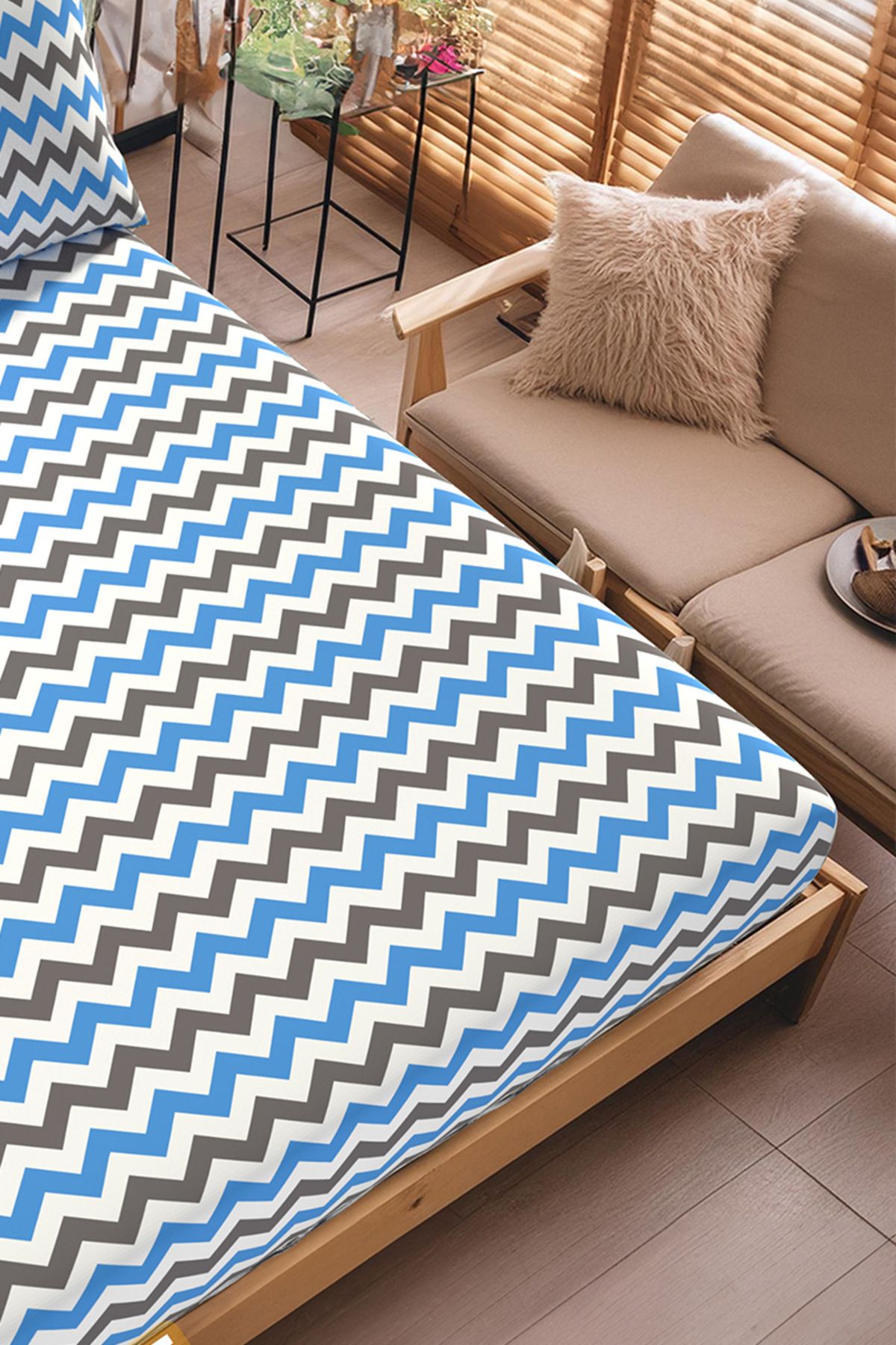 Lorien-Ranforce Fabric Blue Zigzag Pattern - Elastic Sheet Set, Single/Double/Large Size 4