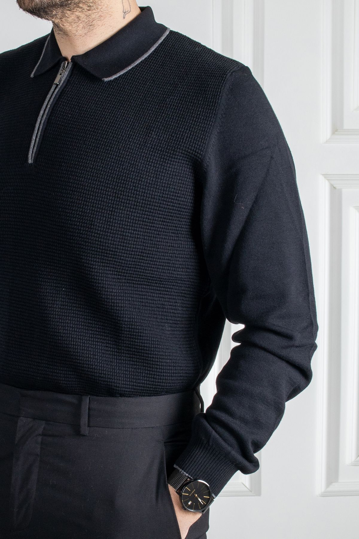 Sarar-Interview Zippered Polo Collar 100% Cotton Black Knitwear Sweater 7