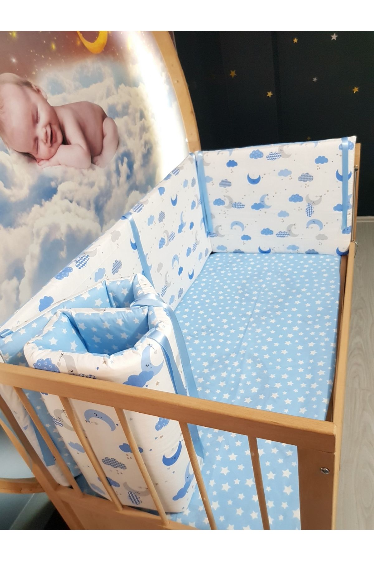 Baby Clime-60X120 Crib Side Protection 4 Pieces - Blue Crescent and Star Pattern (Excluding Beafs) 3