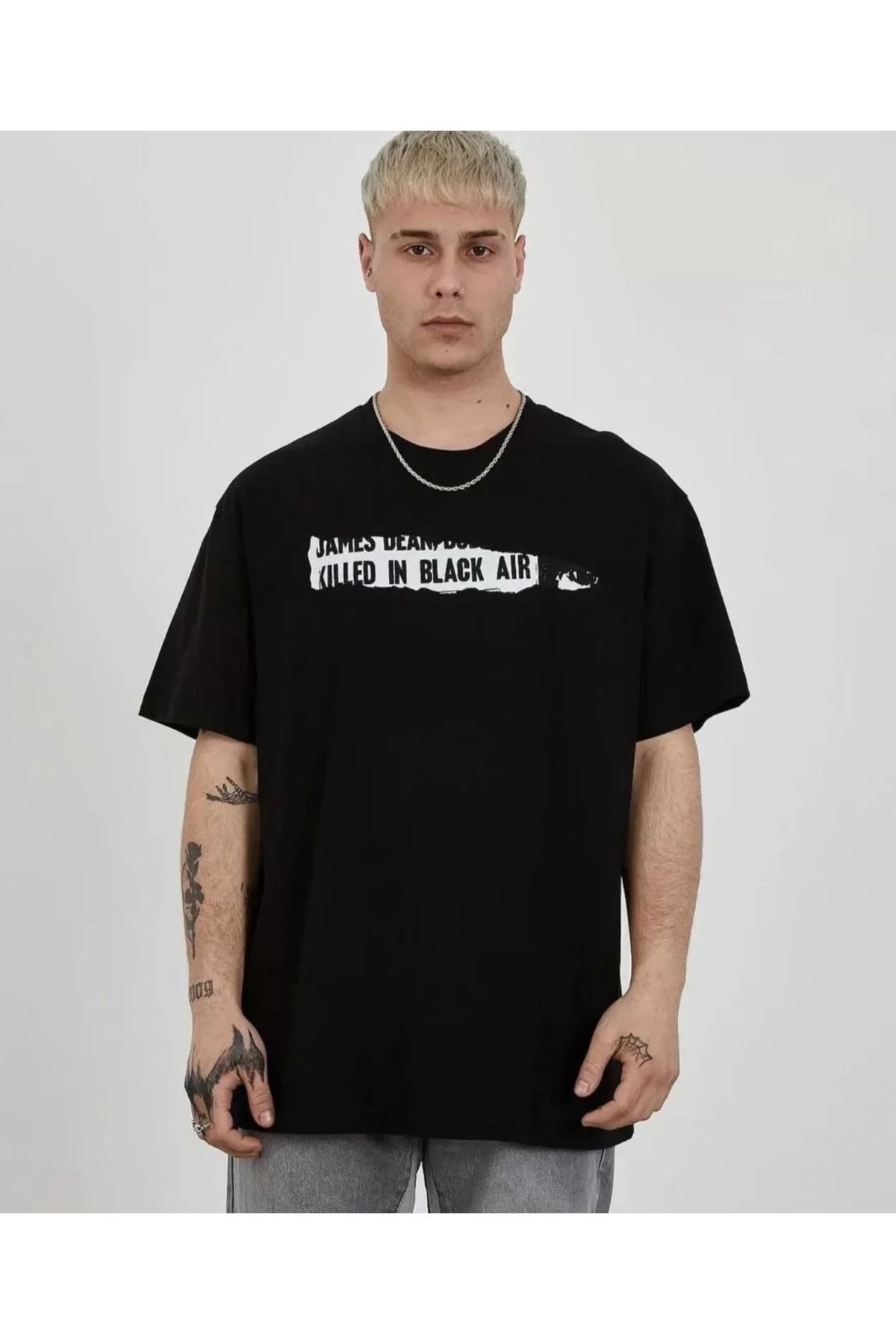 New Shine Unisex Bisiklet Yaka Baskılı Oversize T-Shirt - Siyah