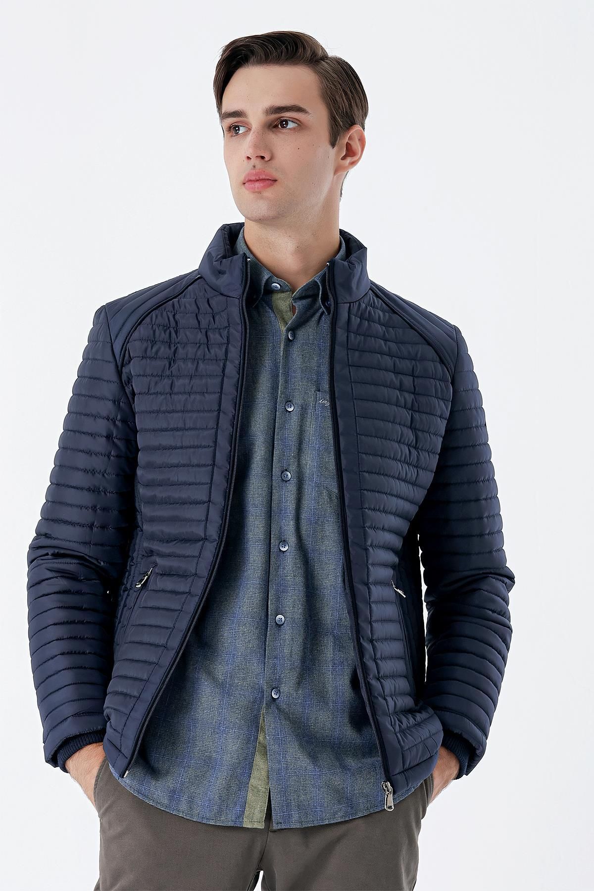 İmza-Dark Navy Blue Quilted Filled Stand Collar Lined Slim Fit Slim Fit Casual Coat1007235264 1