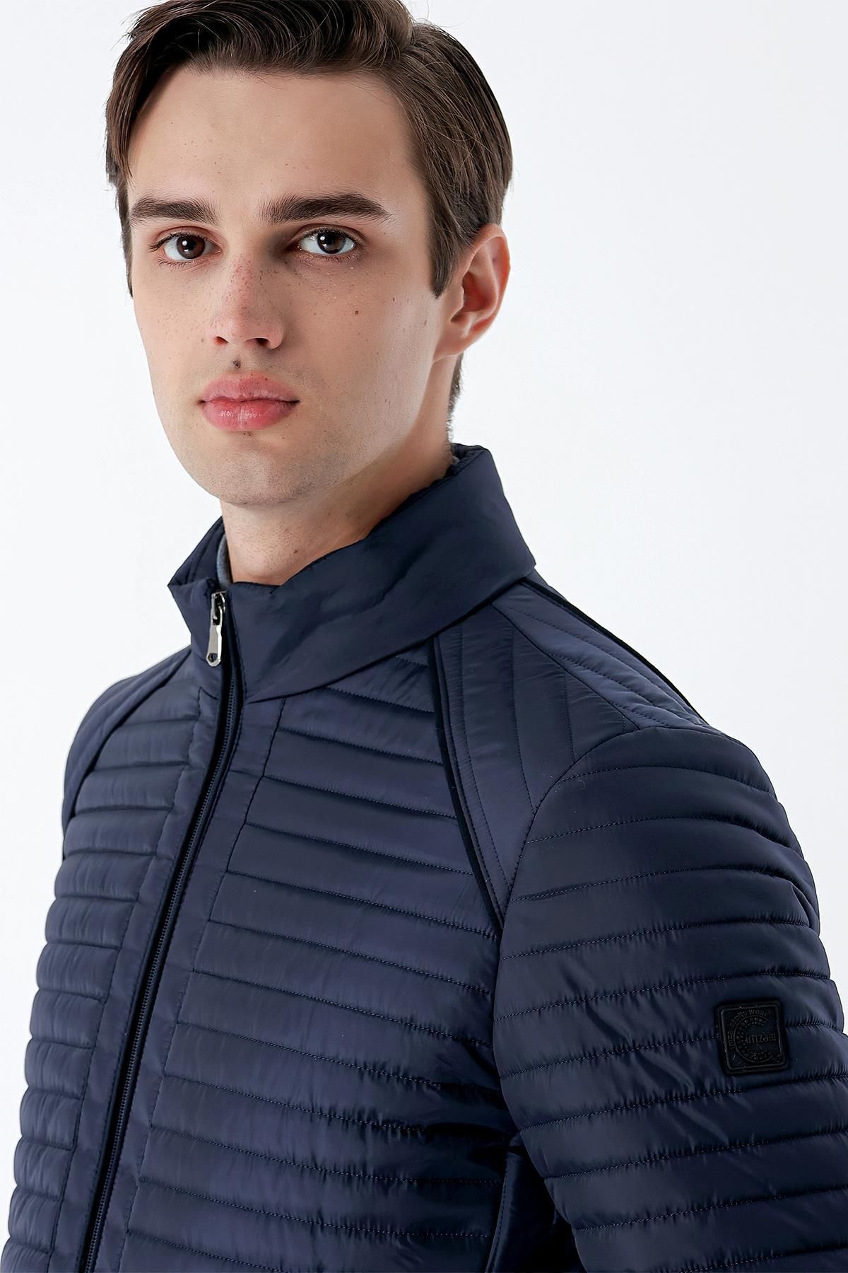 İmza-Dark Navy Blue Quilted Filled Stand Collar Lined Slim Fit Slim Fit Casual Coat1007235264 6