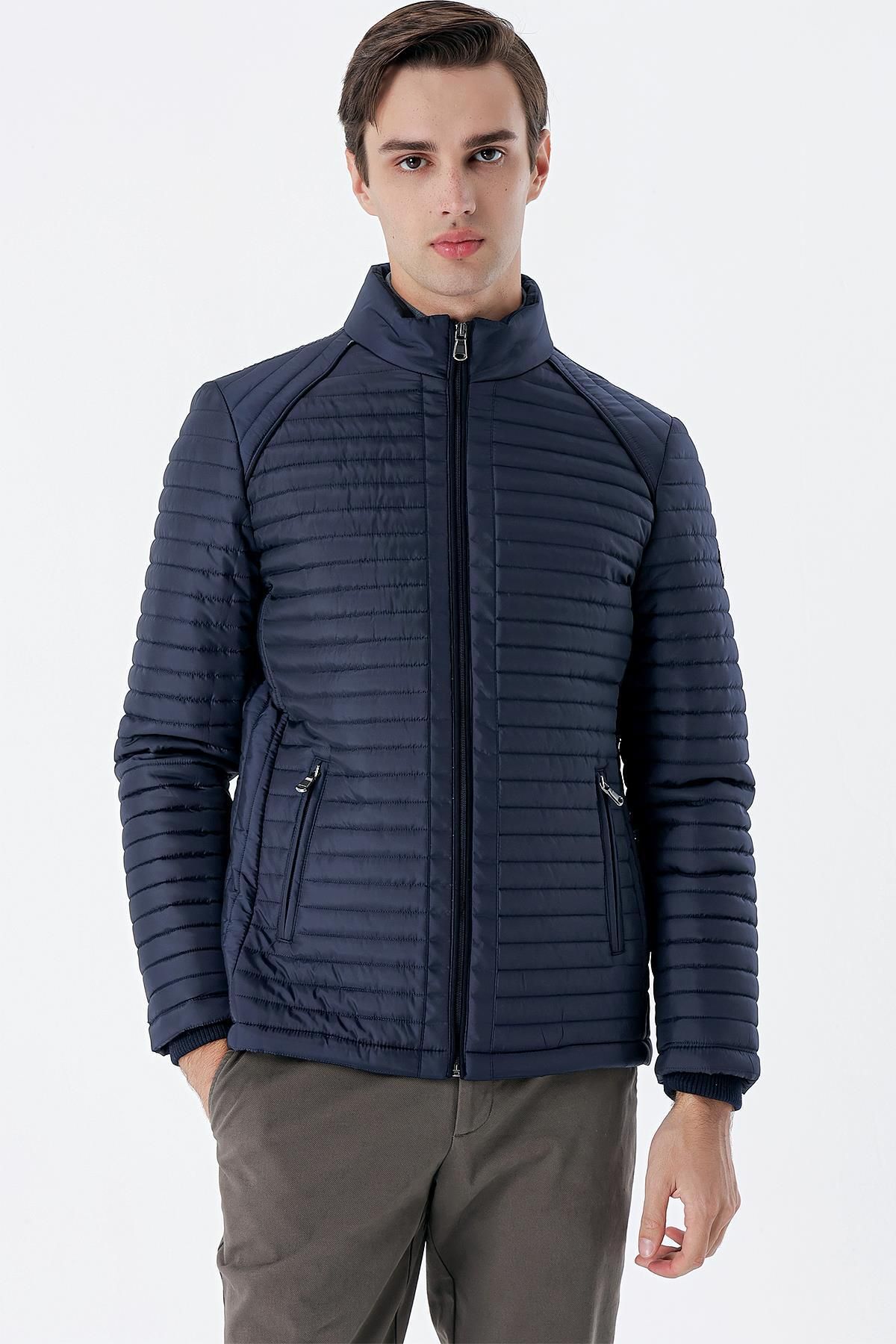 İmza-Dark Navy Blue Quilted Filled Stand Collar Lined Slim Fit Slim Fit Casual Coat1007235264 3