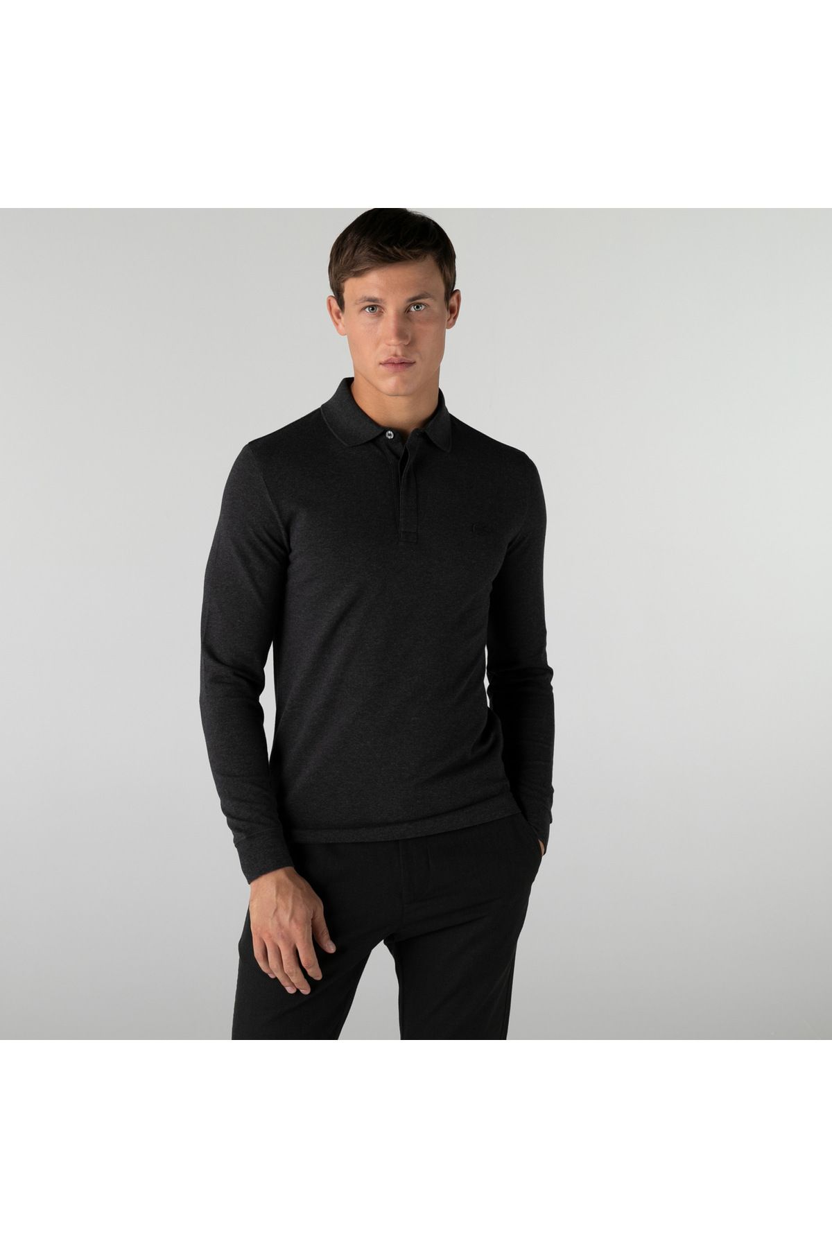 تی شرت یقه پولو خاکستری مردانه آستین بلند و باریک پاریس چوگان Lacoste