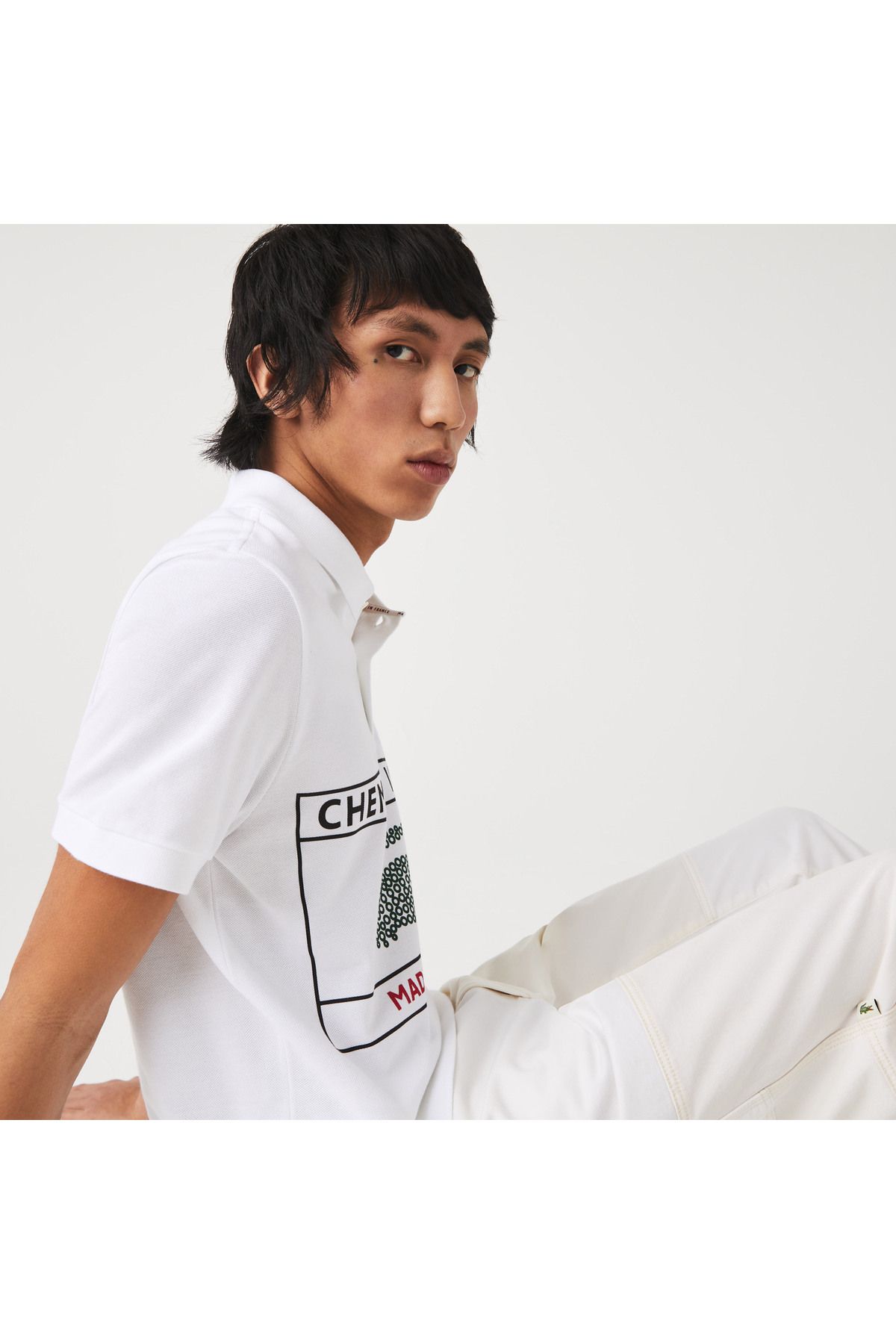 تی شرت یقه پولو مردانه چوگان سفید چاپی معمولی Lacoste
