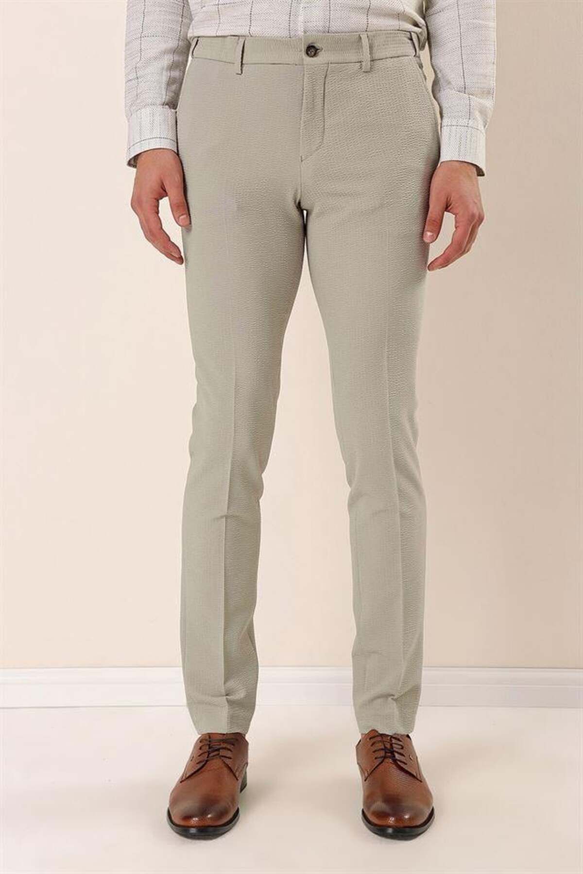 شلوار مردانه BEIGE الگوی آملور LYCRA SIDE CEP SLIM FIT CUTTER کلاسیک 1003230170 İmza