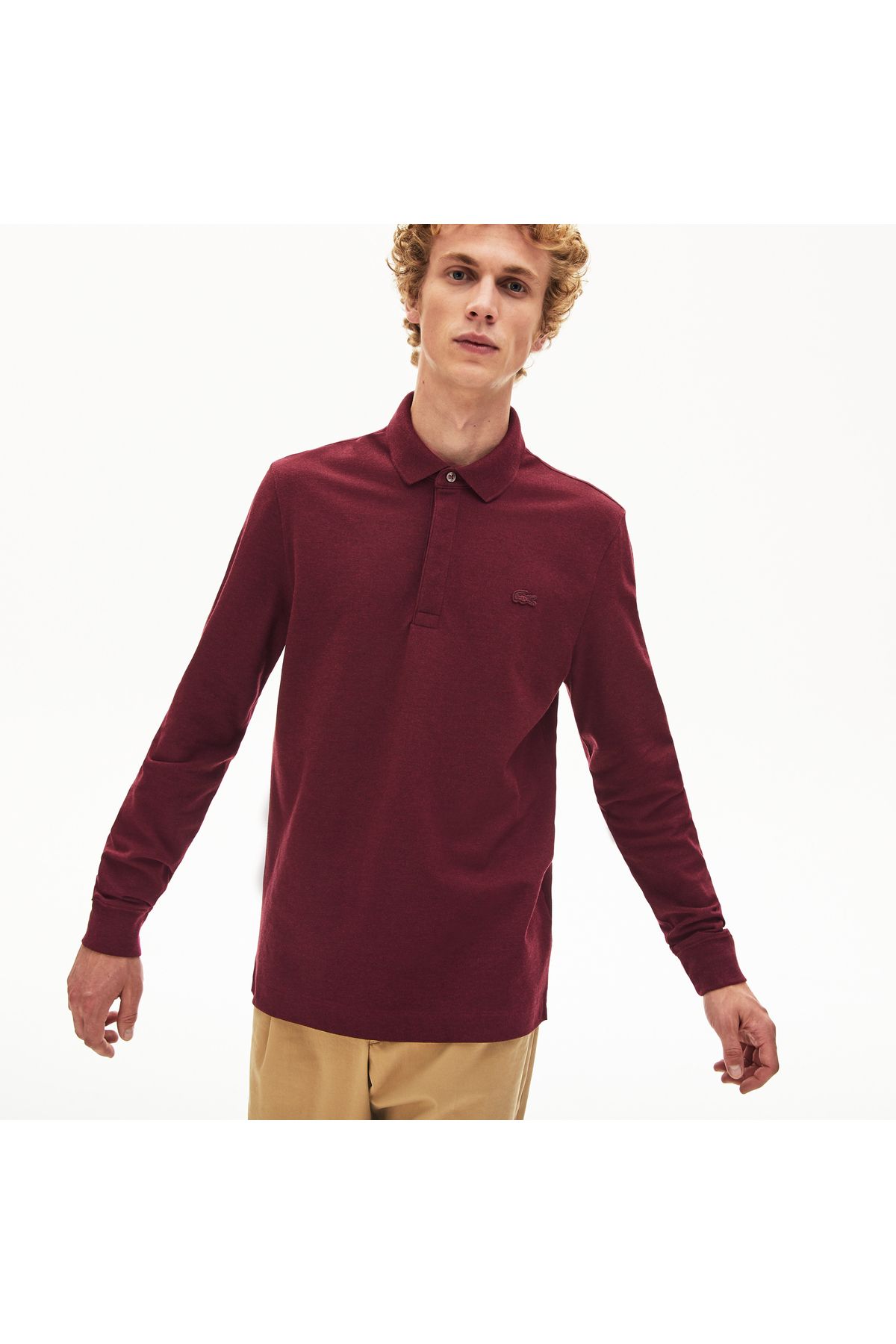 تی شرت یقه پولو قرمز مردانه آستین بلند اورجینال Lacoste