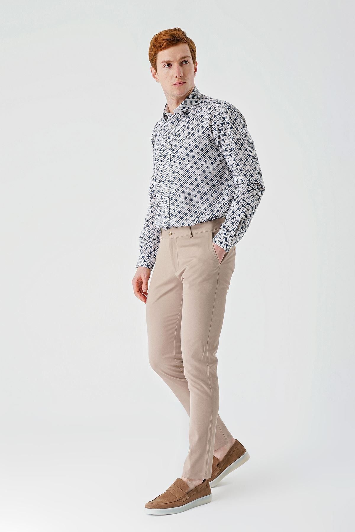 İmza-Béžová Dobby Bavlna Slim Fit Slim Fit Ležérní kalhoty Slim Fit1003240156 4