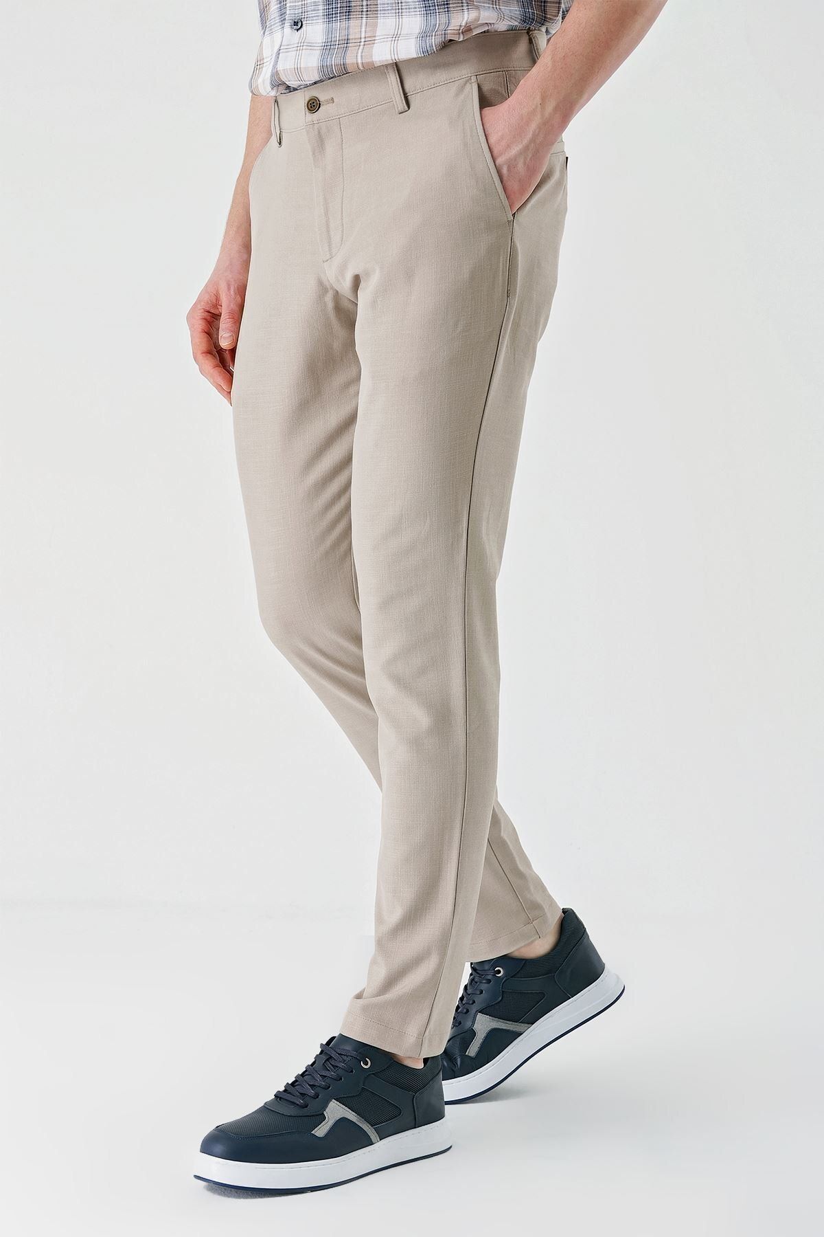 İmza-Pantaloni casual bej Comfort Fit - Dobby, Lycra și buzunare laterale 1003240158 3