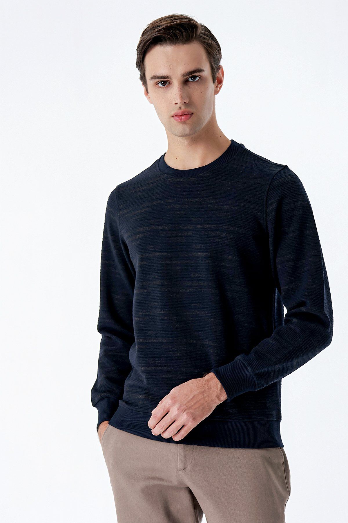 İmza-Dark Navy Blue Long Sleeve Knitted Crew Neck Lycra Casual Comfort Fit Sweatshirt 1013235105 1