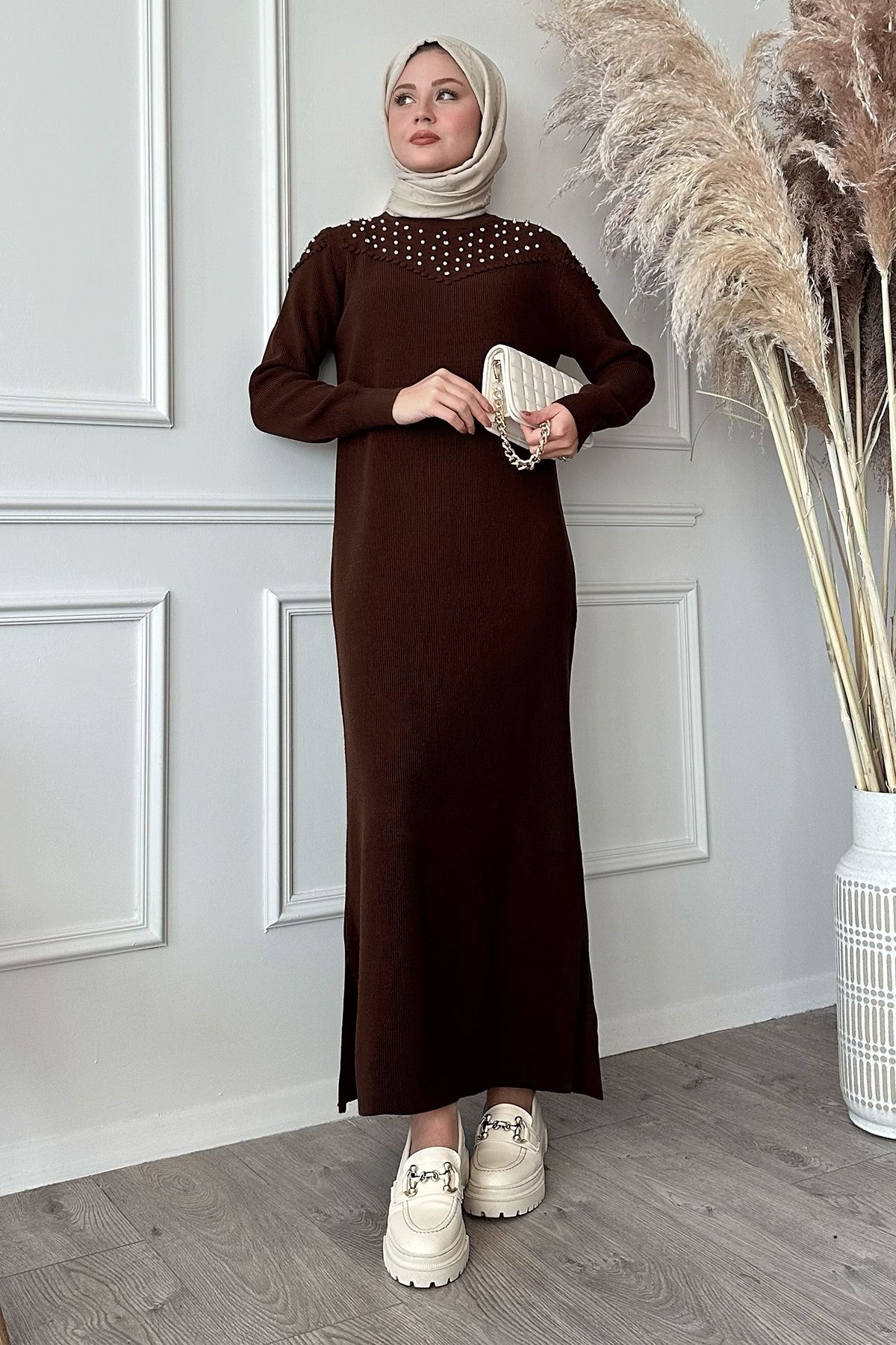 InStyle-Bitter Brown Pearl Knitwear Dress 1