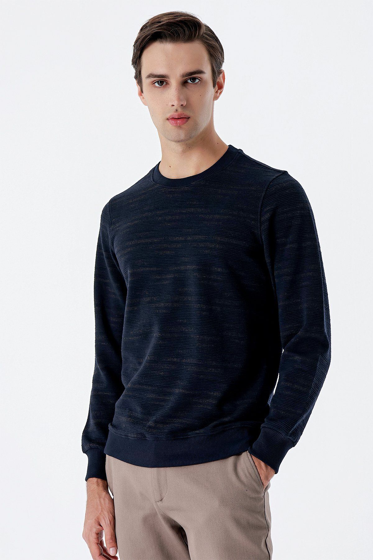 İmza-Dark Navy Blue Long Sleeve Knitted Crew Neck Lycra Casual Comfort Fit Sweatshirt 1013235105 3