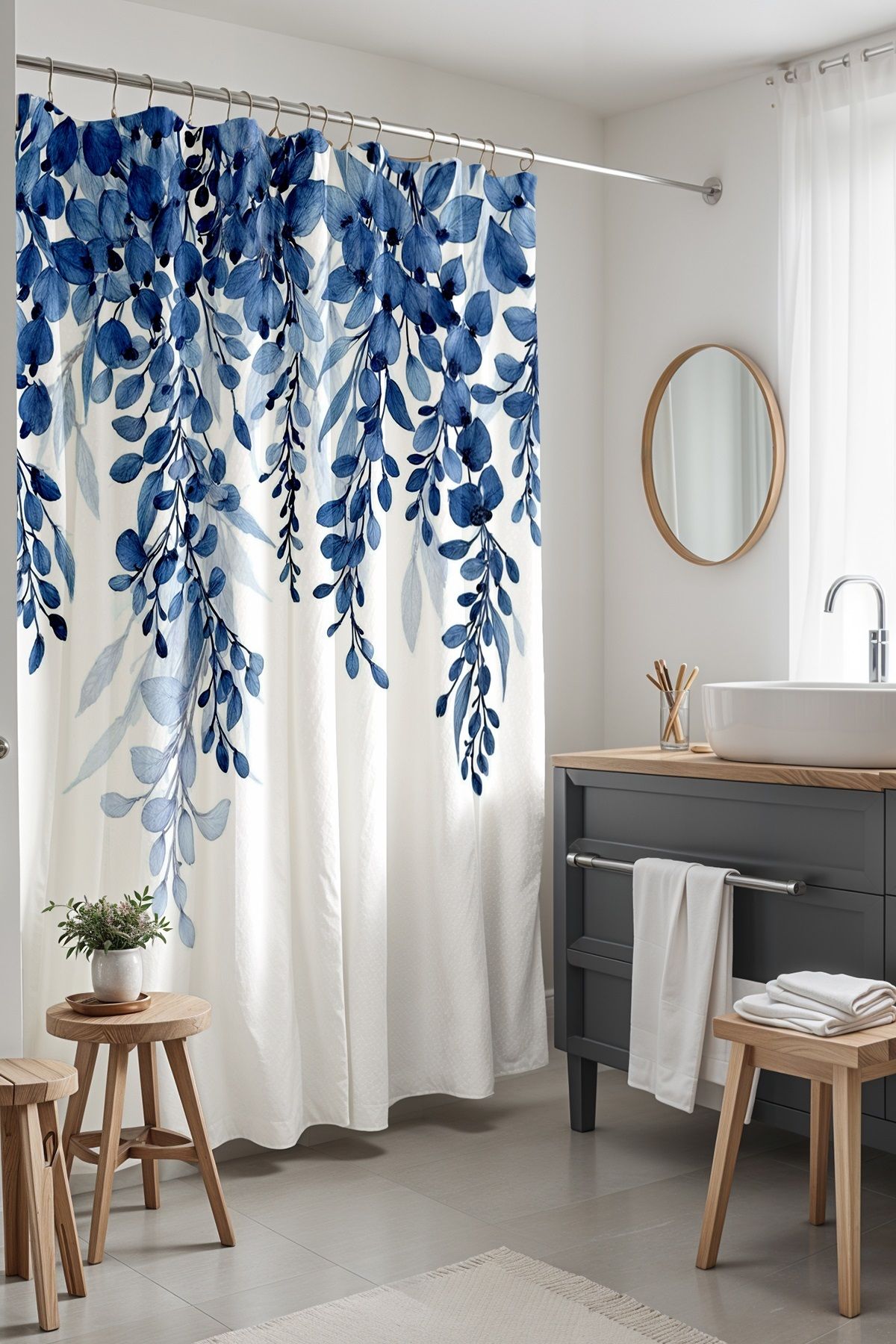 EVPANYA-Bathroom Curtain, Blue Pendulum Leaves Pattern Shower Curtain, Bathtub Curtain 175X200Cm 1