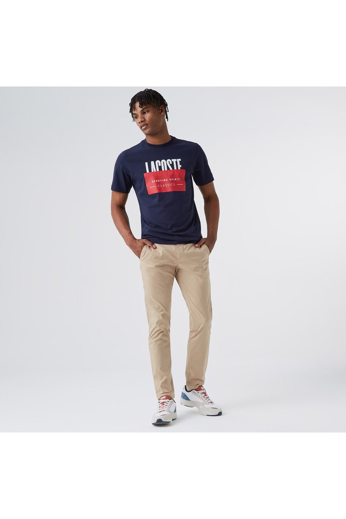 تی شرت آبی مردانه سفید گردن دوچرخه Lacoste