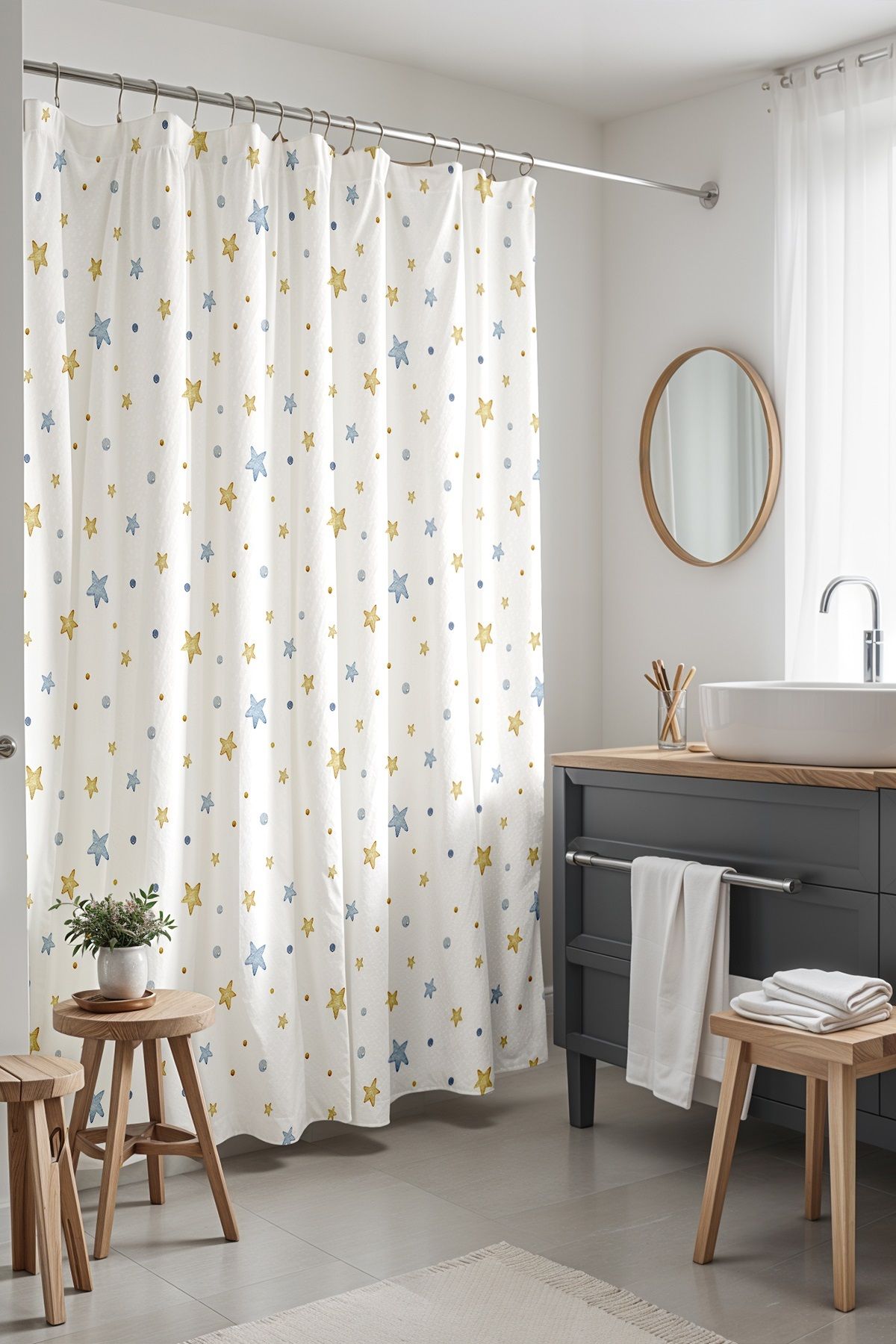 EVPANYA-Yellow Blue Polka Dots and Stars Pattern Bathroom Curtain - 175X200Cm Bathtub Curtain 2