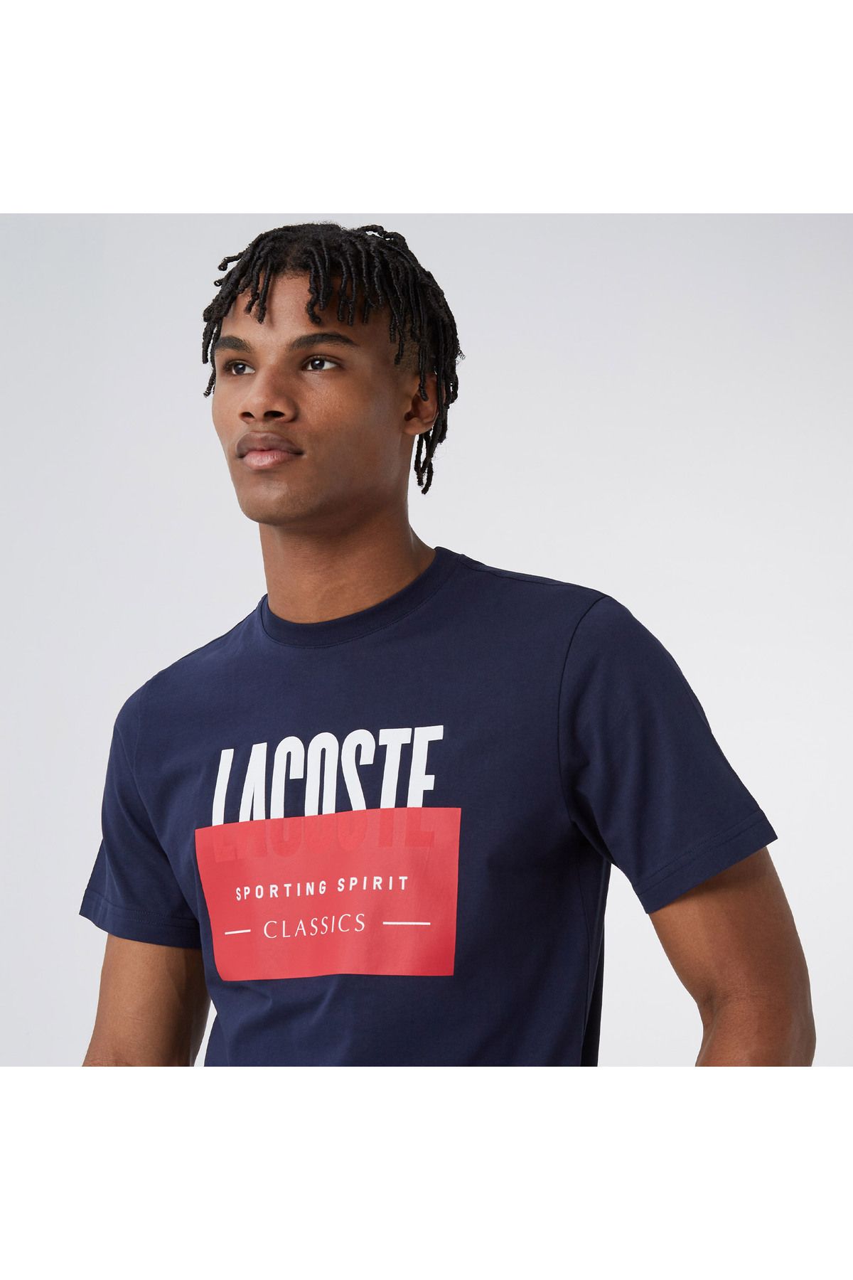 تی شرت آبی مردانه سفید گردن دوچرخه Lacoste