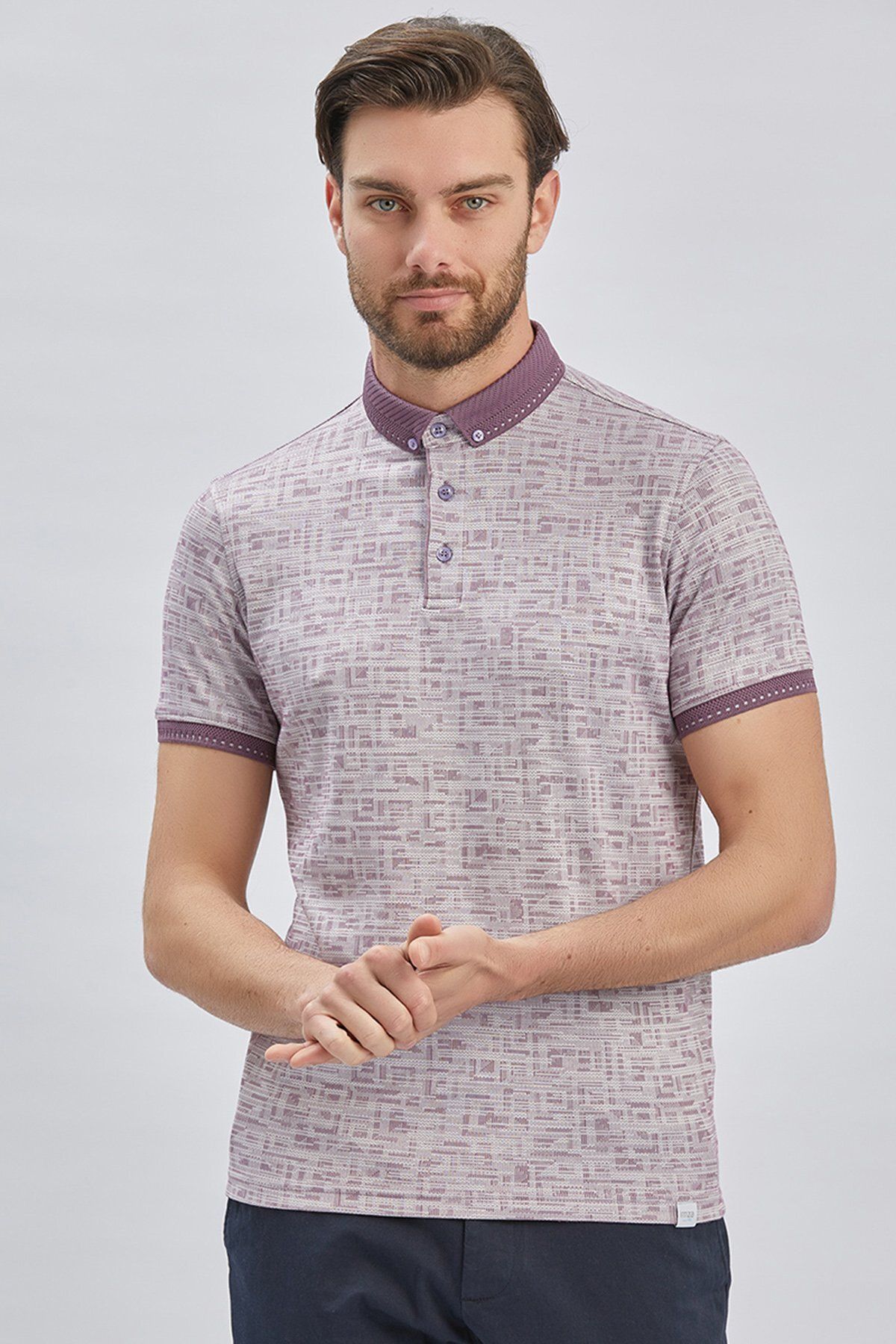 İmza-Lilac Pattern Mercerized Button Collar Cotton Casual Slim Fit Slim Fit T-Shirt1011240160 3