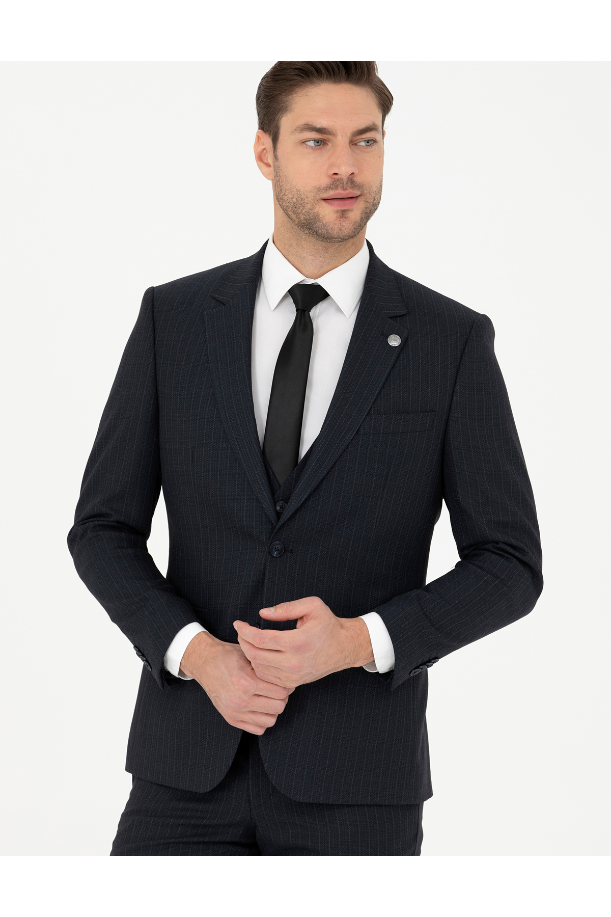 Pierre Cardin Lacivert Slim Fit Çizgili Yelekli Takım Elbise 50285266-VR033 görsel 4
