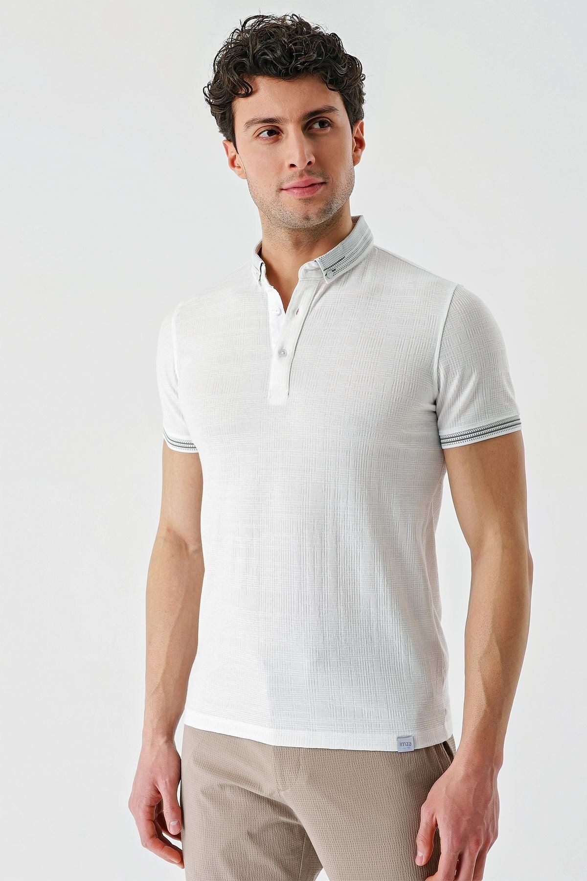 İmza-Tricou alb cu model jacquard, cu guler, cu nasturi, cu buzunar casual, slim fit1011240174 4