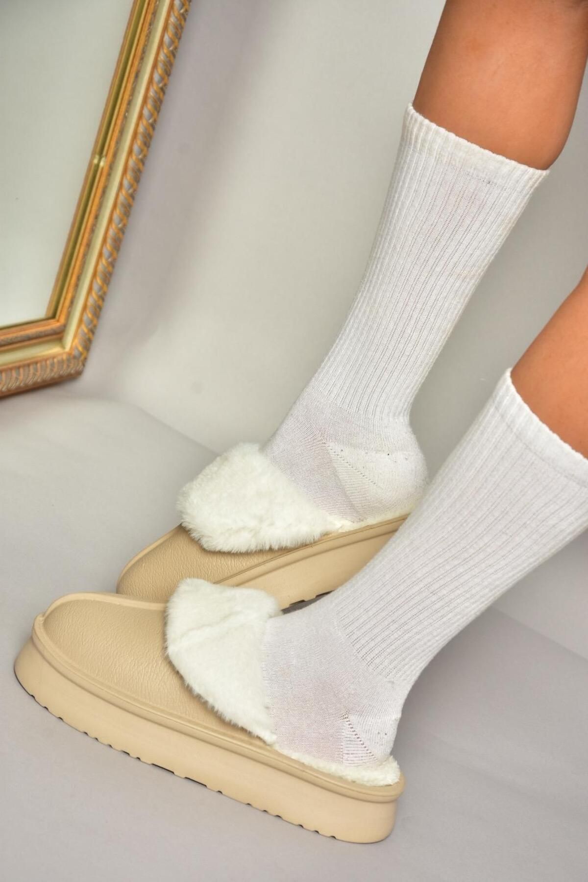 Fox Shoes-T 918264209   Beige Plüsch-Damenhausschuhe 4