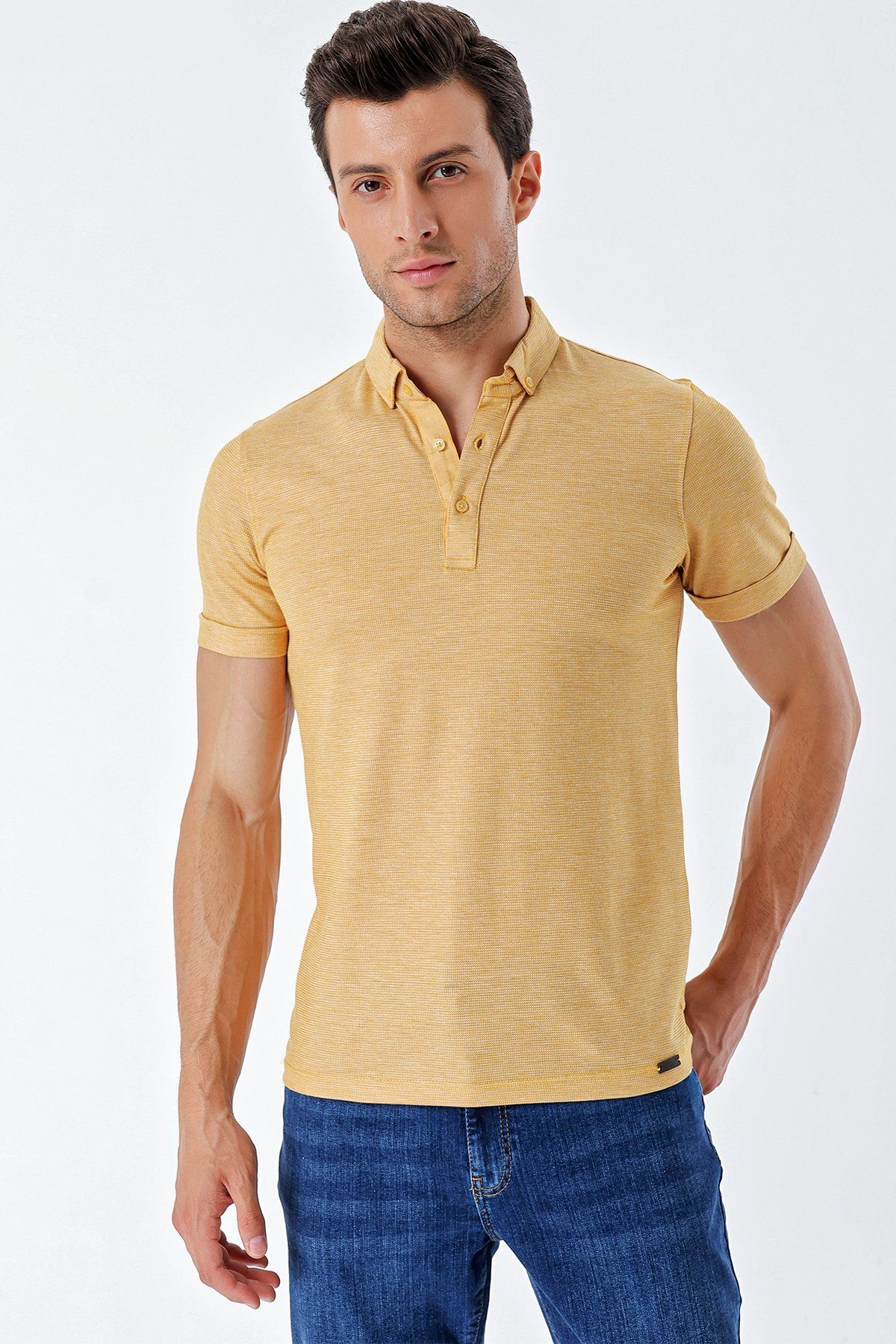 تی شرت مردانه کوتاه ارسال دکمه ARTY BUTTON CLASS کلاسیک SLIM FIT NIGHT CUTT THIRT 1011230165 İmza