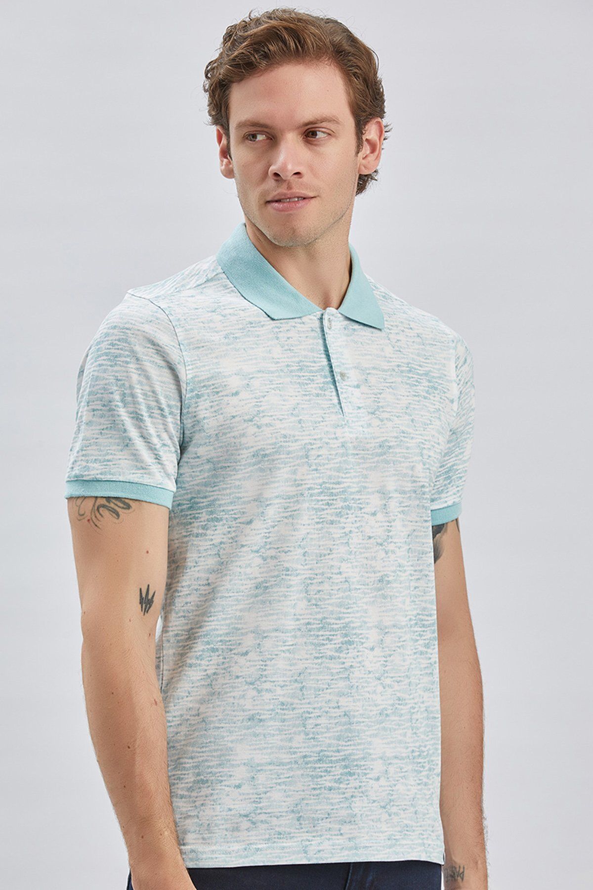 تی شرت یقه پولو مردانه چوگان چاپی آبی تیره 100 ٪ پنبه روزمره باریک و برش T SHIRT 1011240157 İmza