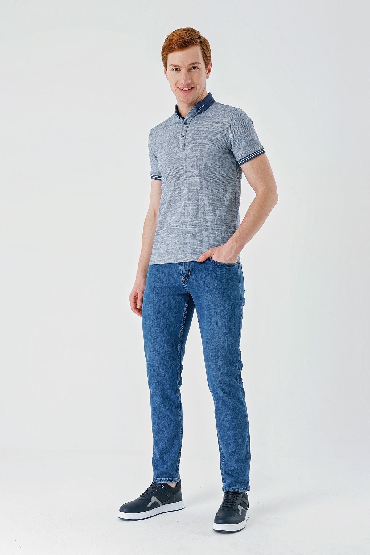 İmza-Tricou slim fit, cu buzunar, cu guler cu nasturi, cu model albastru indigo1011240174 4