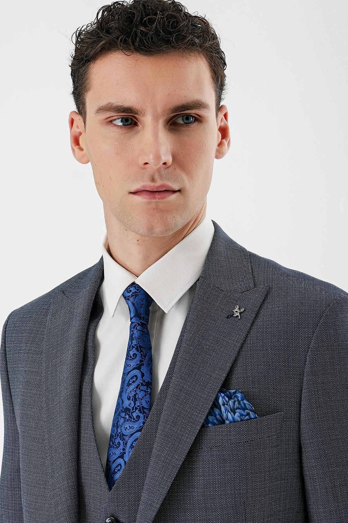 کت وشلوار مردانه جلیقه های یقه بلع آبی تیره BLUE 6 DROP SLIM FIT کلاسیک SUIT 1001240157 İmza