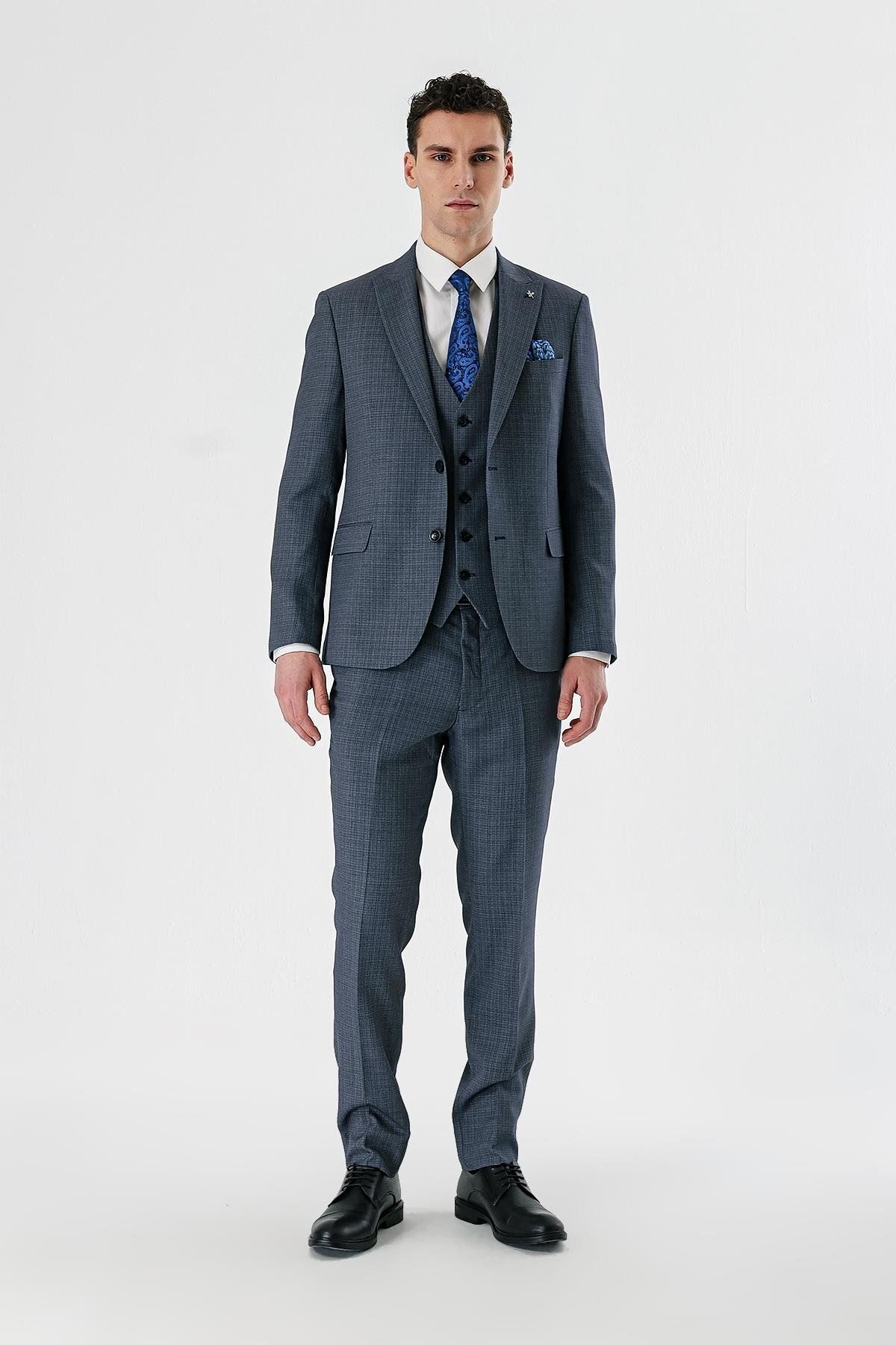 کت وشلوار مردانه جلیقه های یقه بلع آبی تیره BLUE 6 DROP SLIM FIT کلاسیک SUIT 1001240157 İmza
