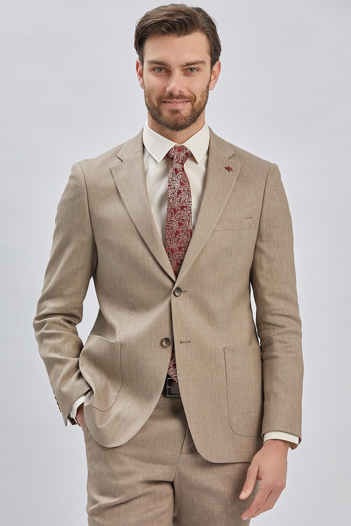 کت وشلوار مردانه BEIGE AMELOR MONO YAKA LINEN MIXED 6 DROP SLIM FIT CUT CUTUAL 1001240169 İmza