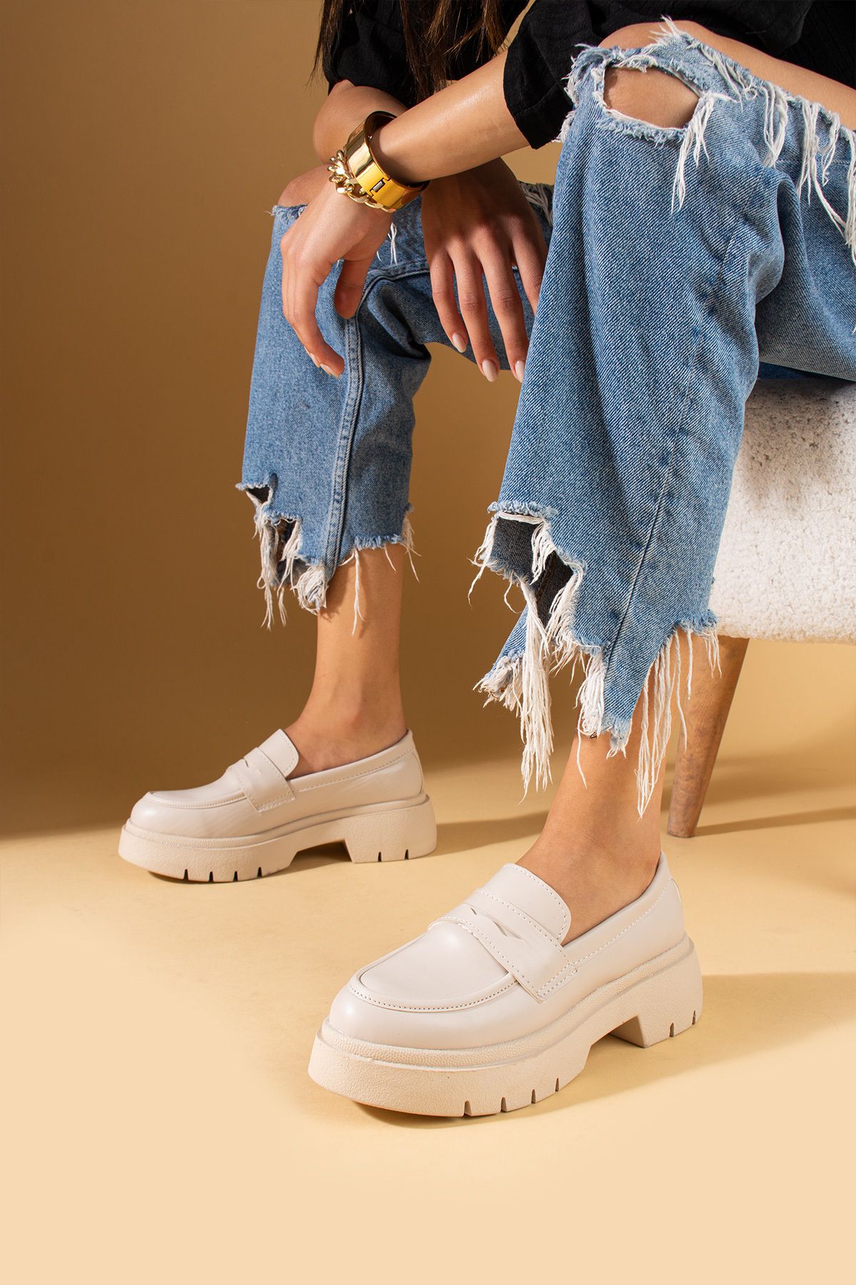 Pembe Potin Kadın Bej Loafer Makosen Casual Tokalı Günlük Rahat Taban Ayakkabı