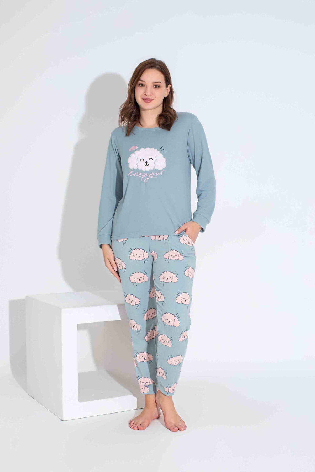 Tarık-Women's Light Green Dog Patterned Mother Girl Combination Thermal Pajama Set 5