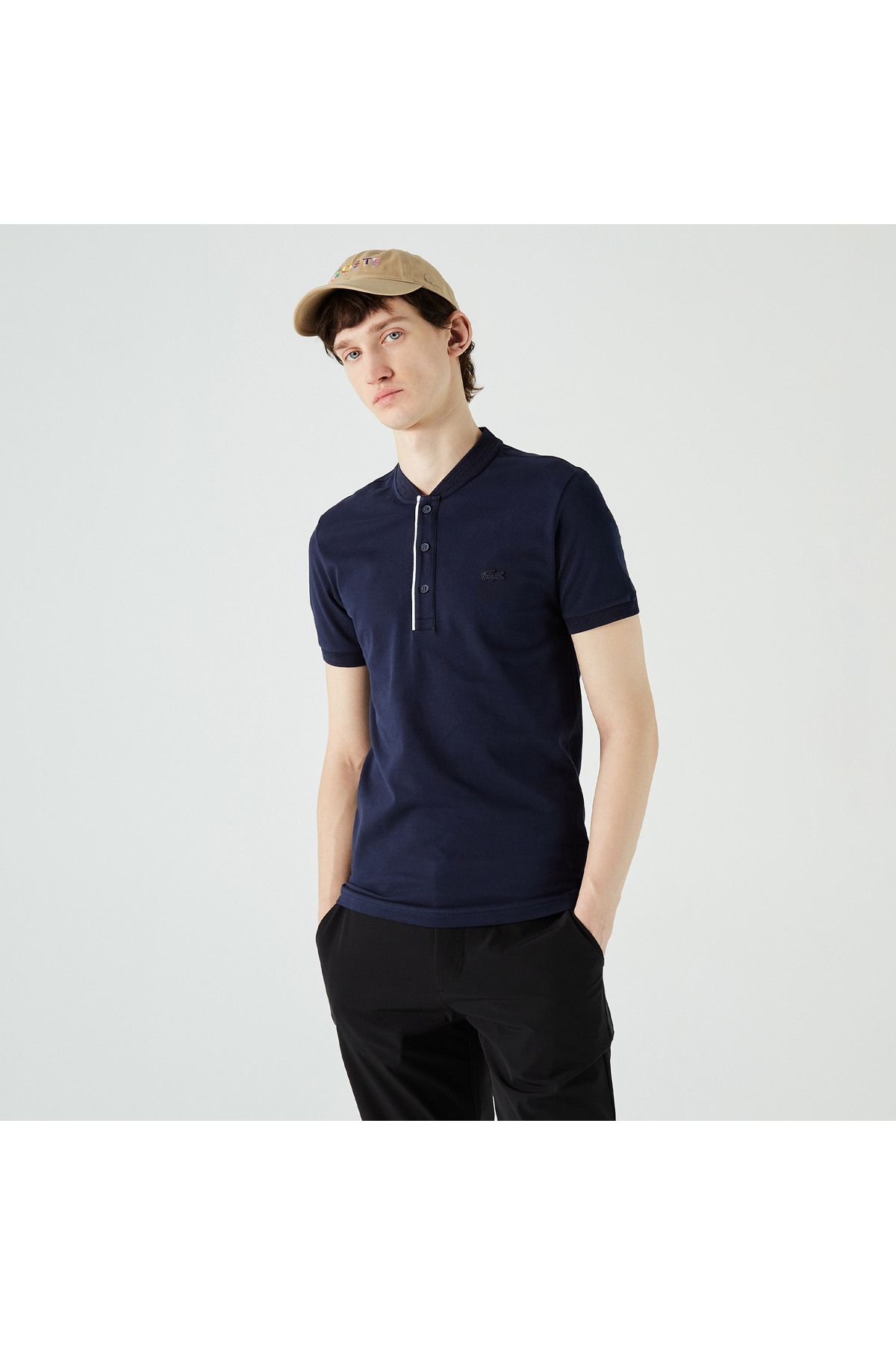 تی شرت یقه پولو آبی مردانه قاضی Slim Fit Collar Navy Blue Polo Lacoste