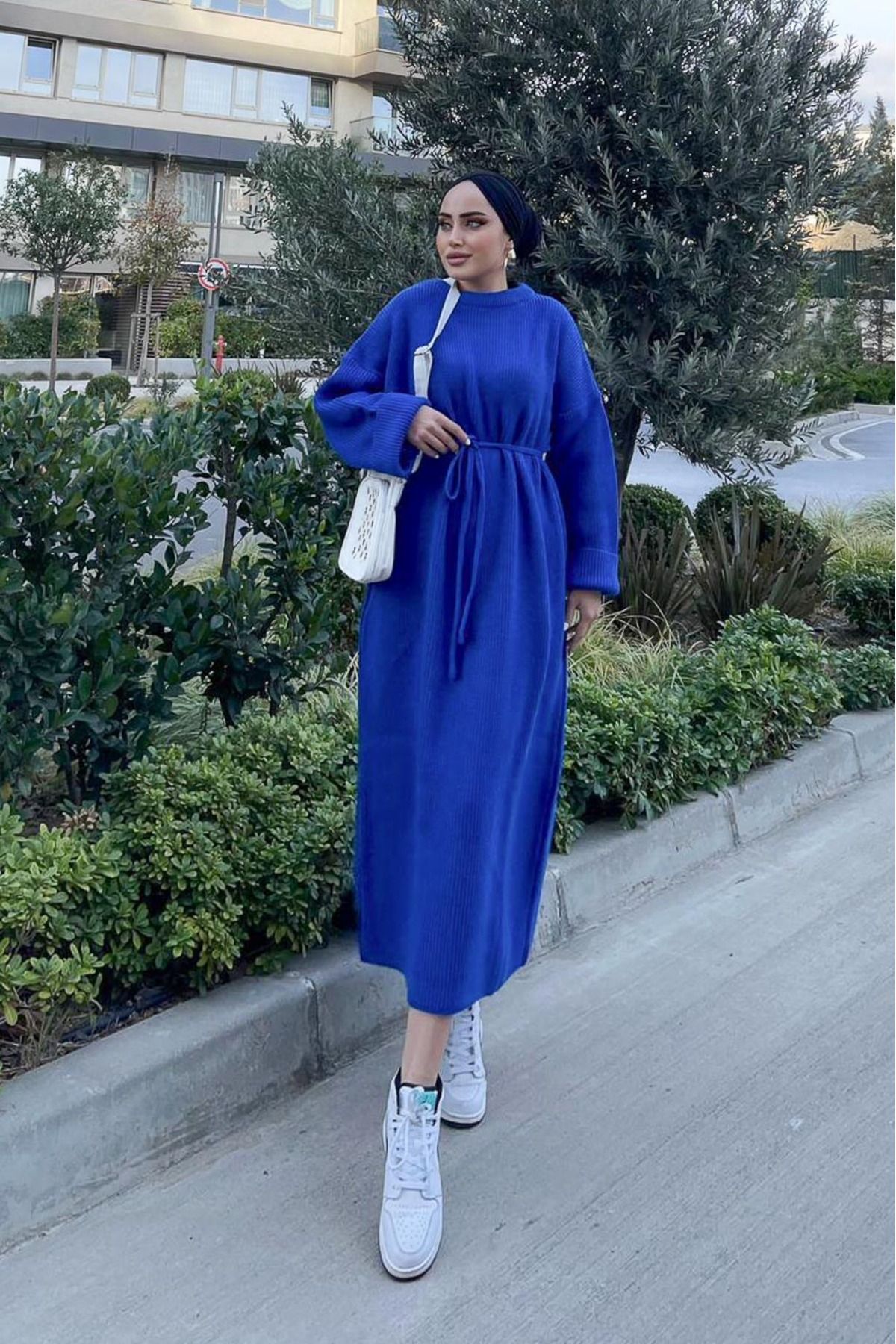 پیراهن پوشیده آبی زنانه لباس بافتنی فتیله اورجینال Rimel Moda