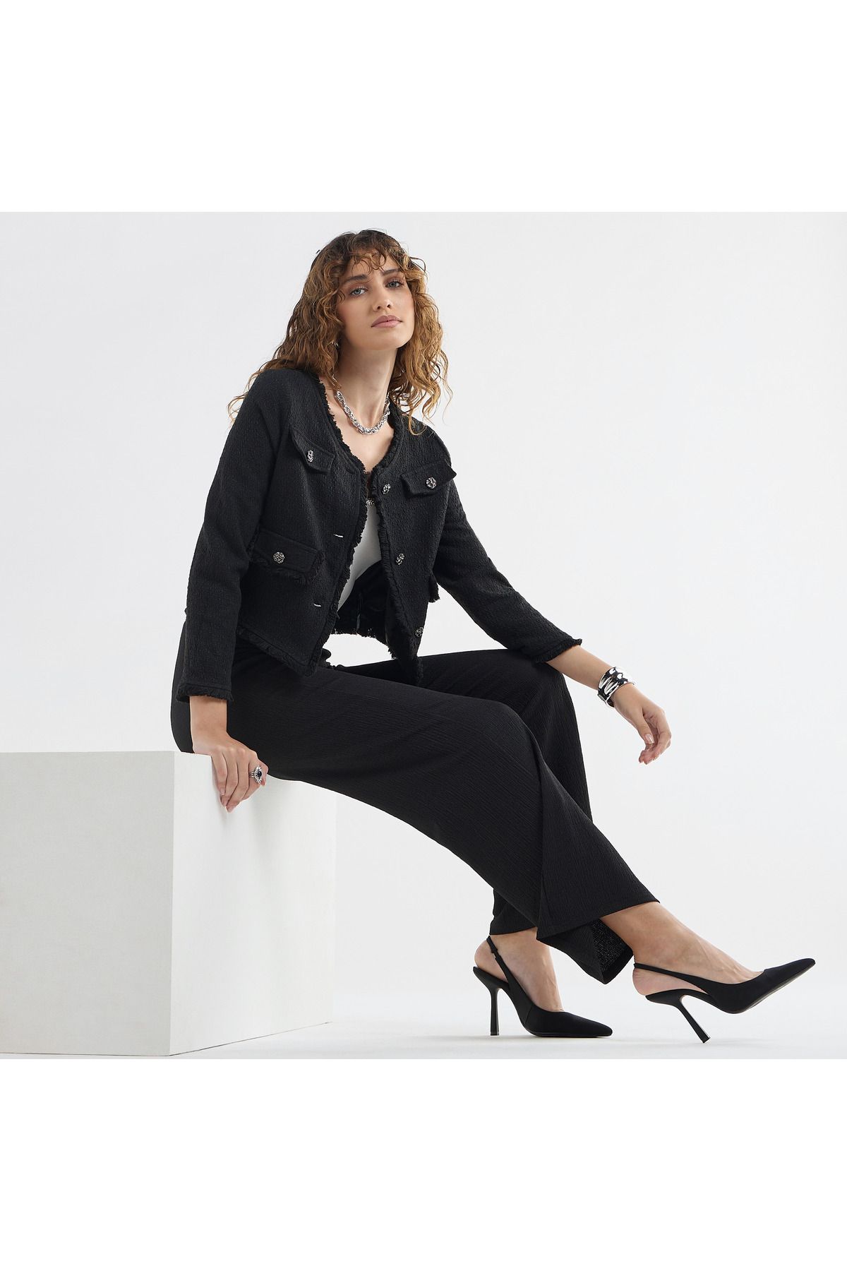 FAV-Textured Frayed Hem Shacket With Long Sleeves And Button Accents 2