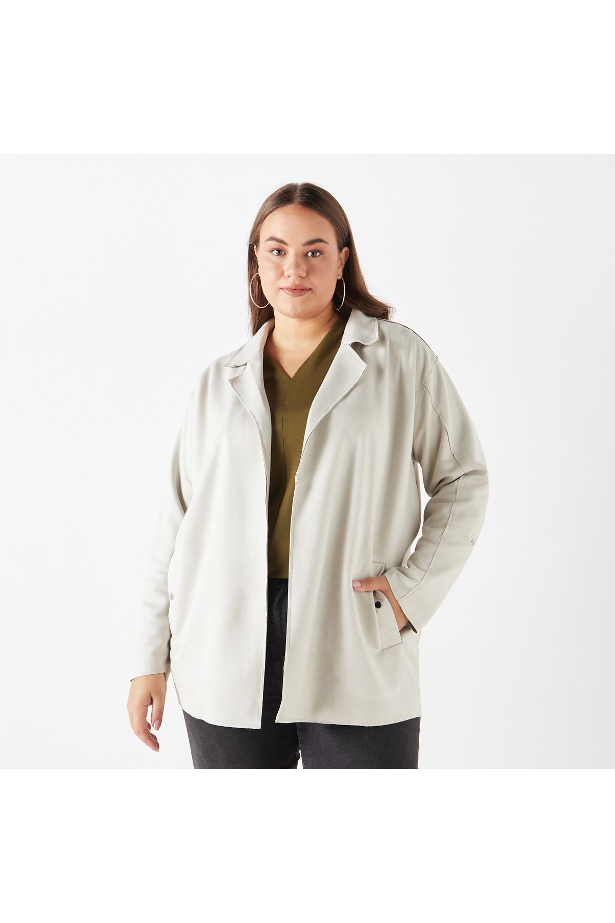 Ulla Popken-Plus Size Solid Open Front Jacket With Pockets 1