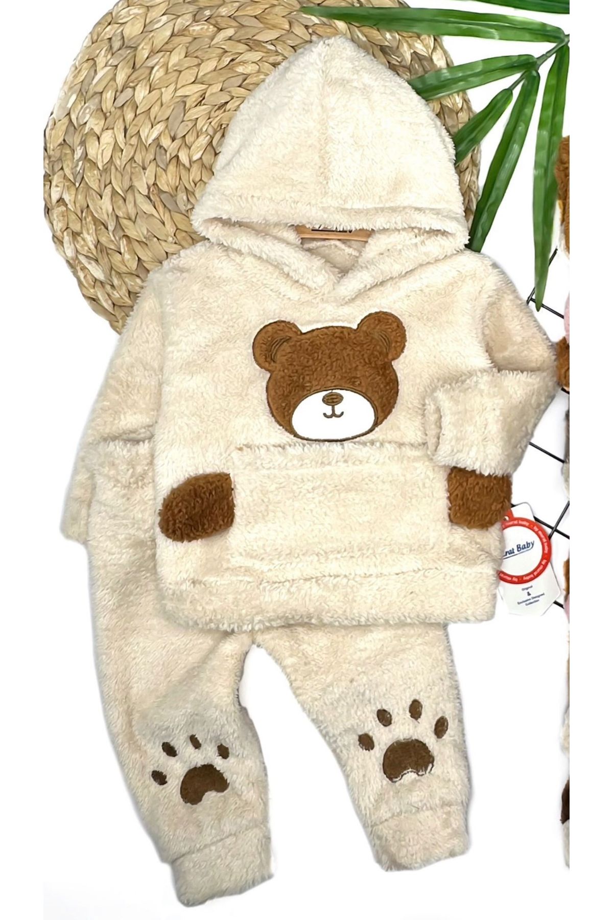 Bebek Welsoft Krem Peluşlu 2’li Takım Ayıcık İşlemeli Kapüşonlu 6 9 12 18 24 Ay