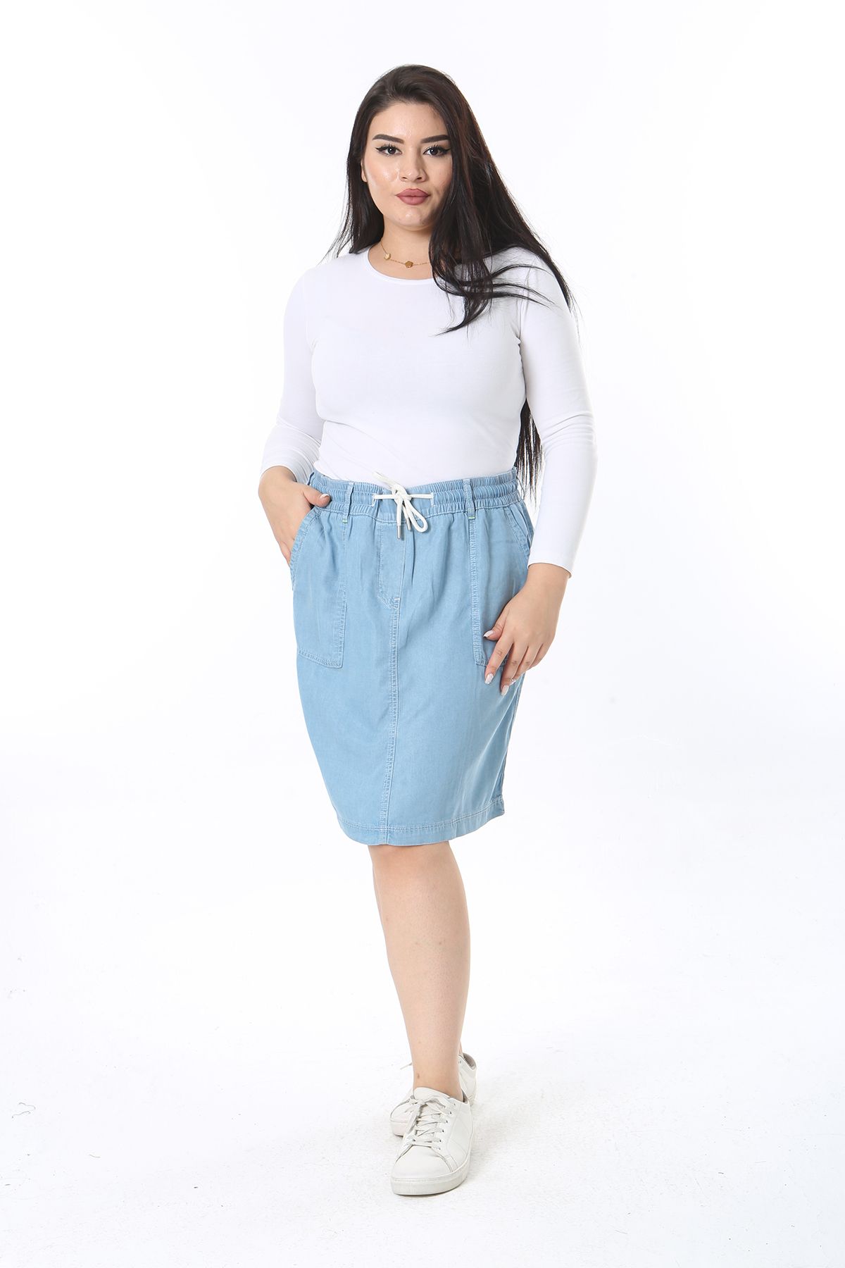 Şans-Women's Plus Size Blue Thin Denim Skirt with Elastic Waist and Lacing Detail 65N38450 2