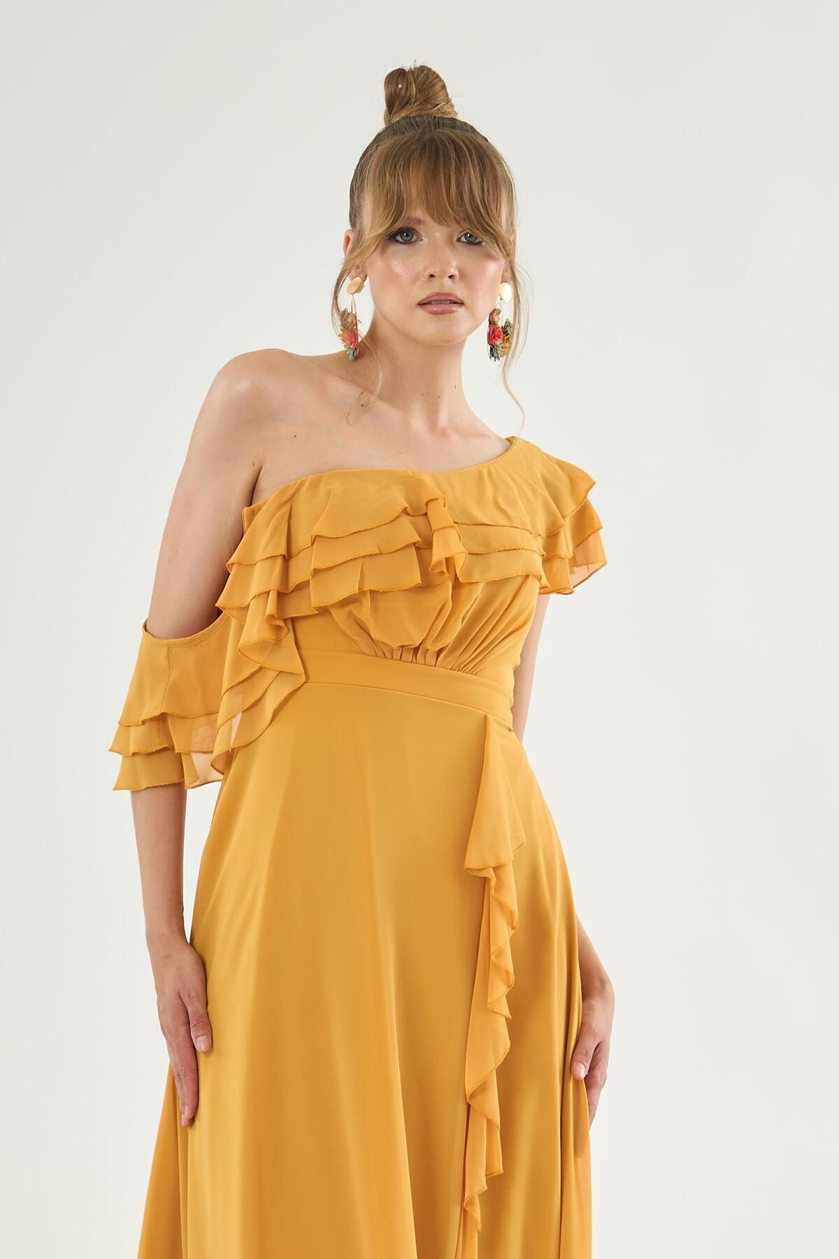 Carmen-Saffron Chiffon Shoulder Flounce Slit Evening Dress 2