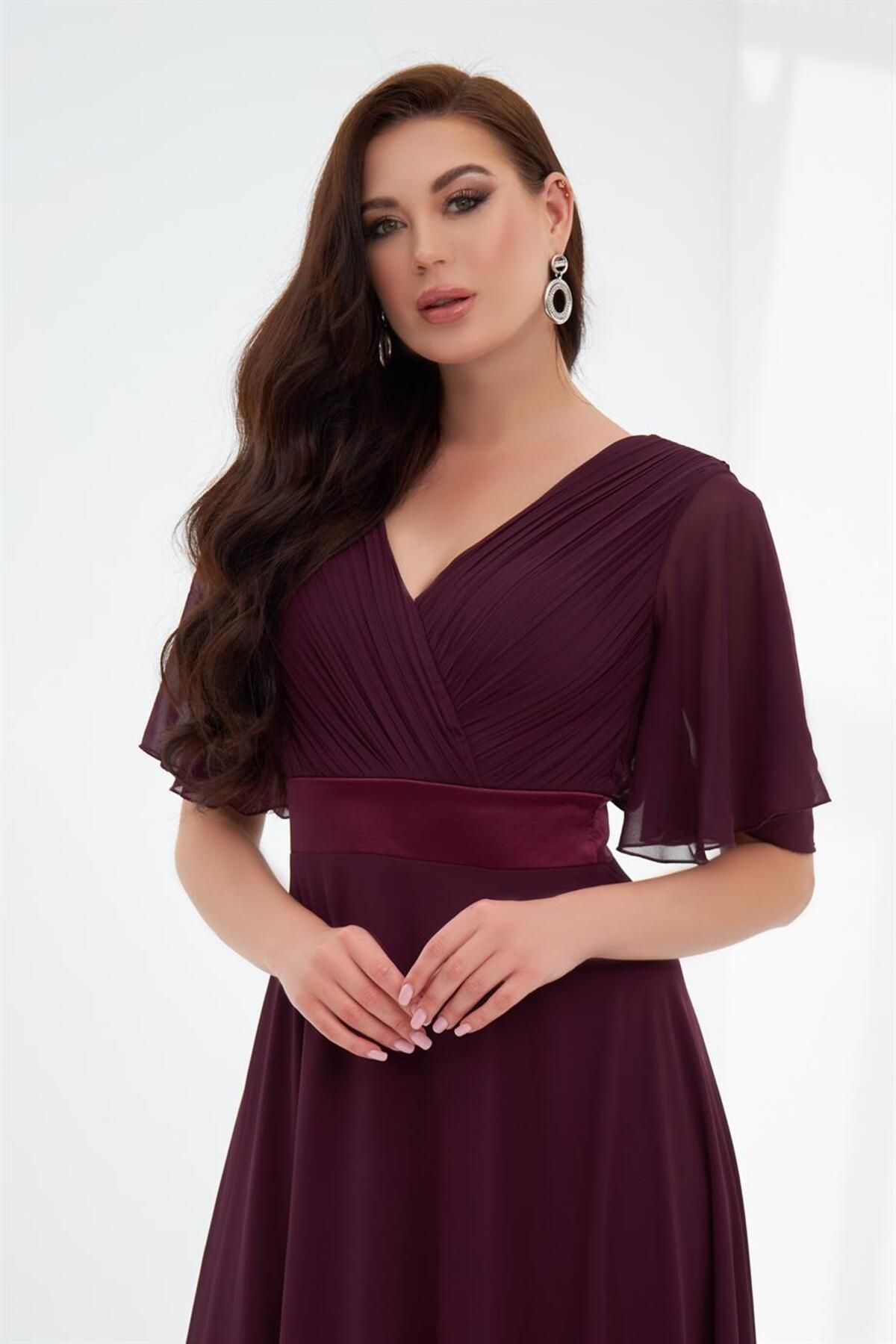 Carmen-Pflaumenfarbenes, plissiertes langes Abendkleid aus Chiffon 2