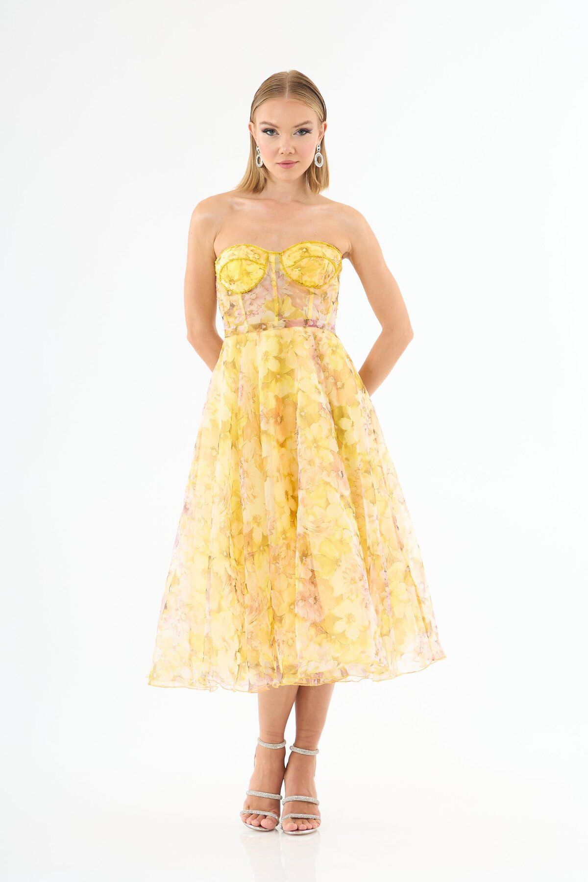 Carmen-Printed Yellow Strapless Midi Evening Dress 1