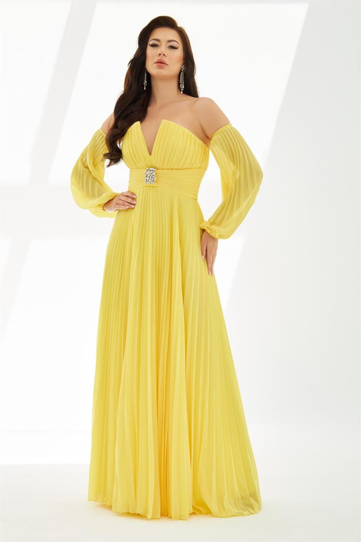 Carmen-Yellow Chiffon Belt Detailed Long Evening Dress 3