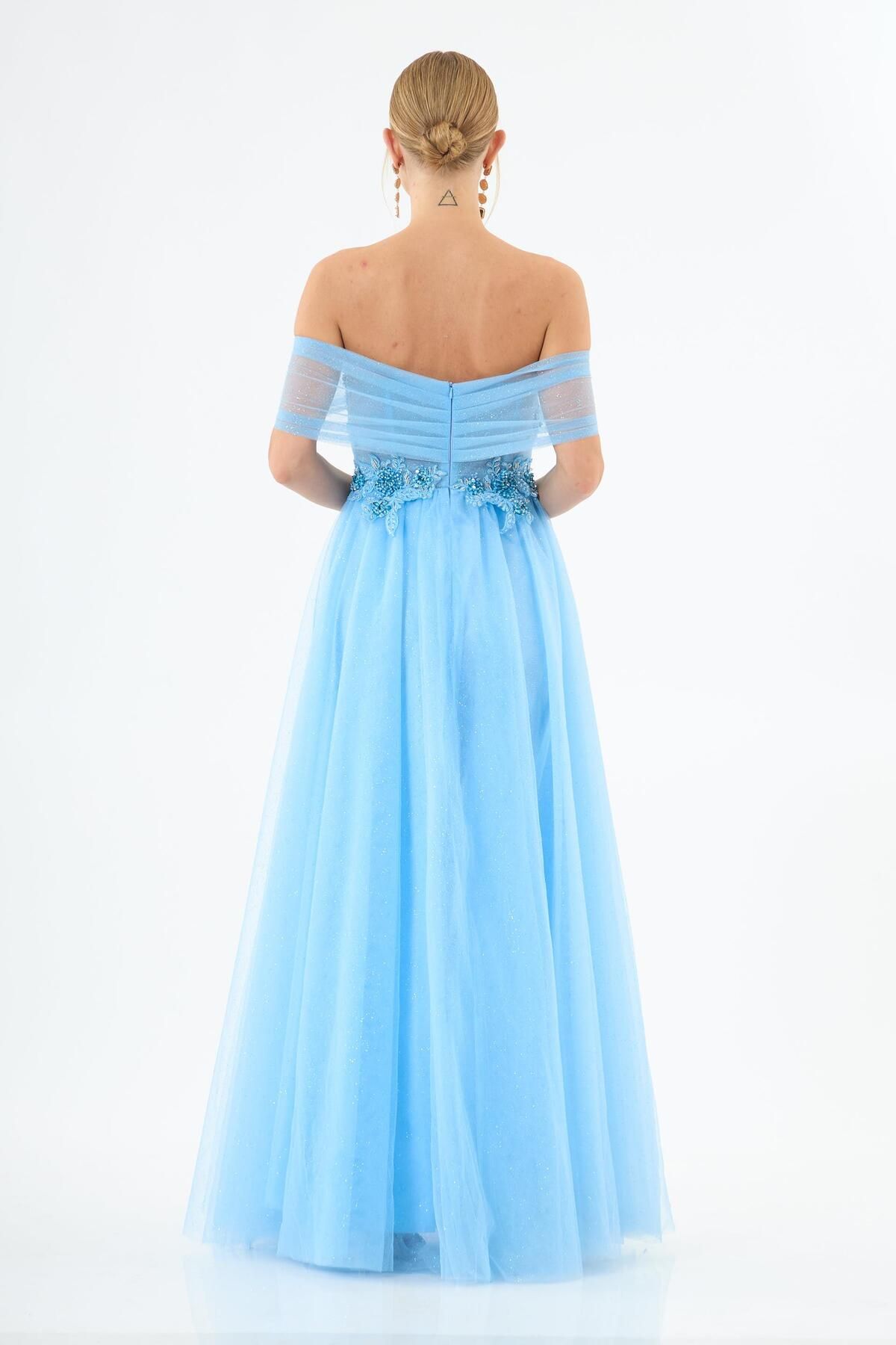 Carmen-Blue Low Arm Embroidered Tulle Engagement Dress 5