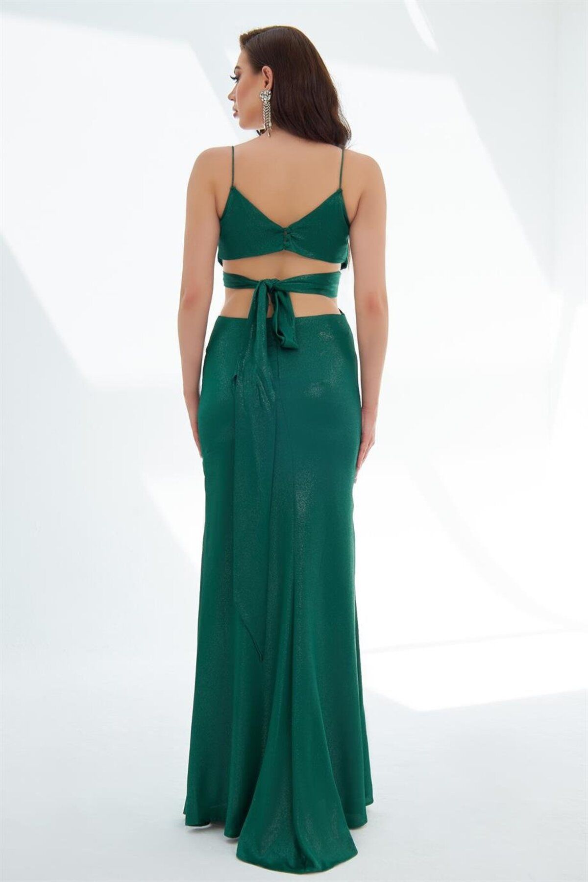 Carmen-Emerald Foil Strap, Tie Back, Low-cut Long Evening Dress 5