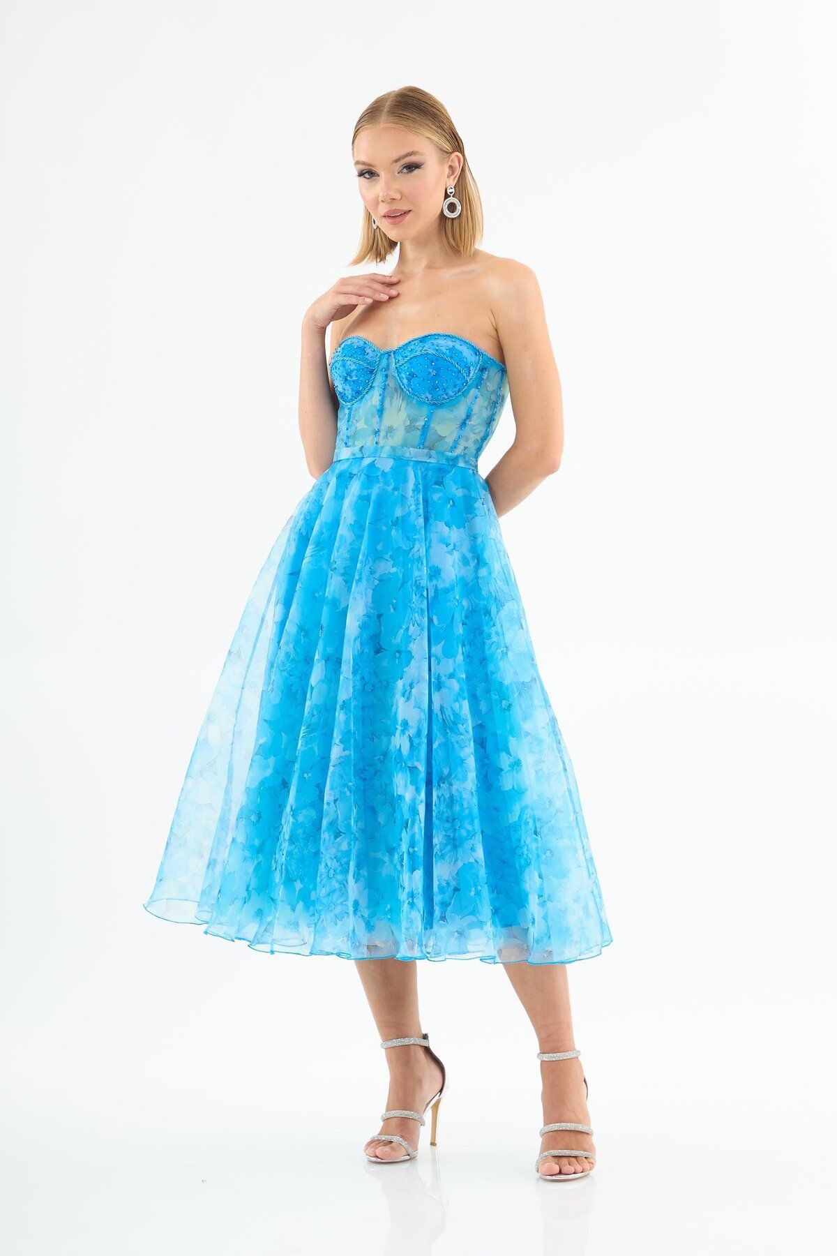 Carmen-Rochie de seara midi albastra fara bretele imprimata 4