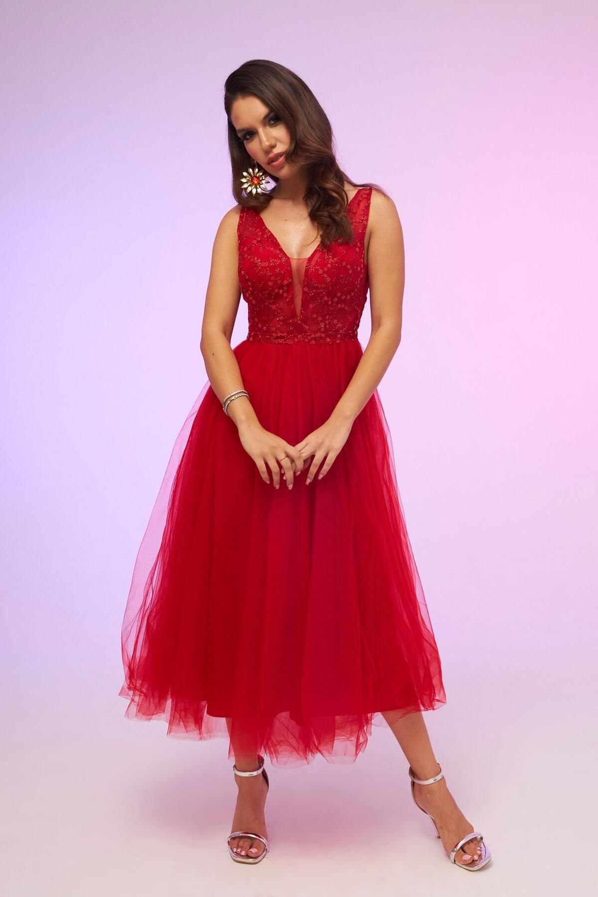 Carmen-Rotes, tief sitzendes Midikleid aus Tüll 4